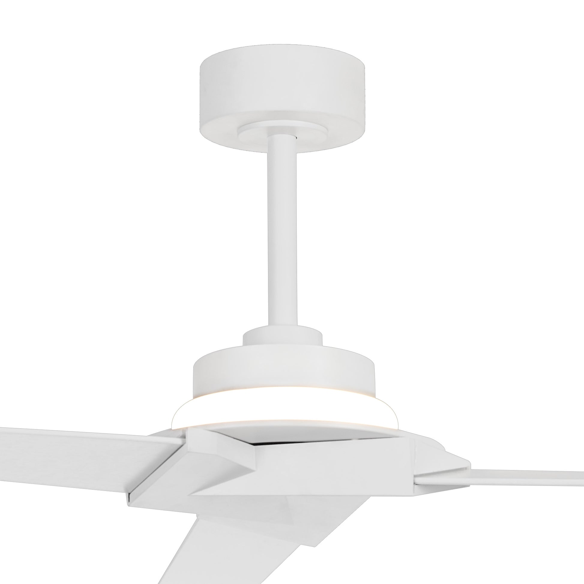 Close-up view of the Brisa White Ceiling Fan by Ceiling Fans UK, showcasing its modern design with three blades and an IP44 rating. The fan features a cylindrical motor housing, dimmable LED lighting ranging from 20W to 40W, and offers a minimalistic aesthetic.
