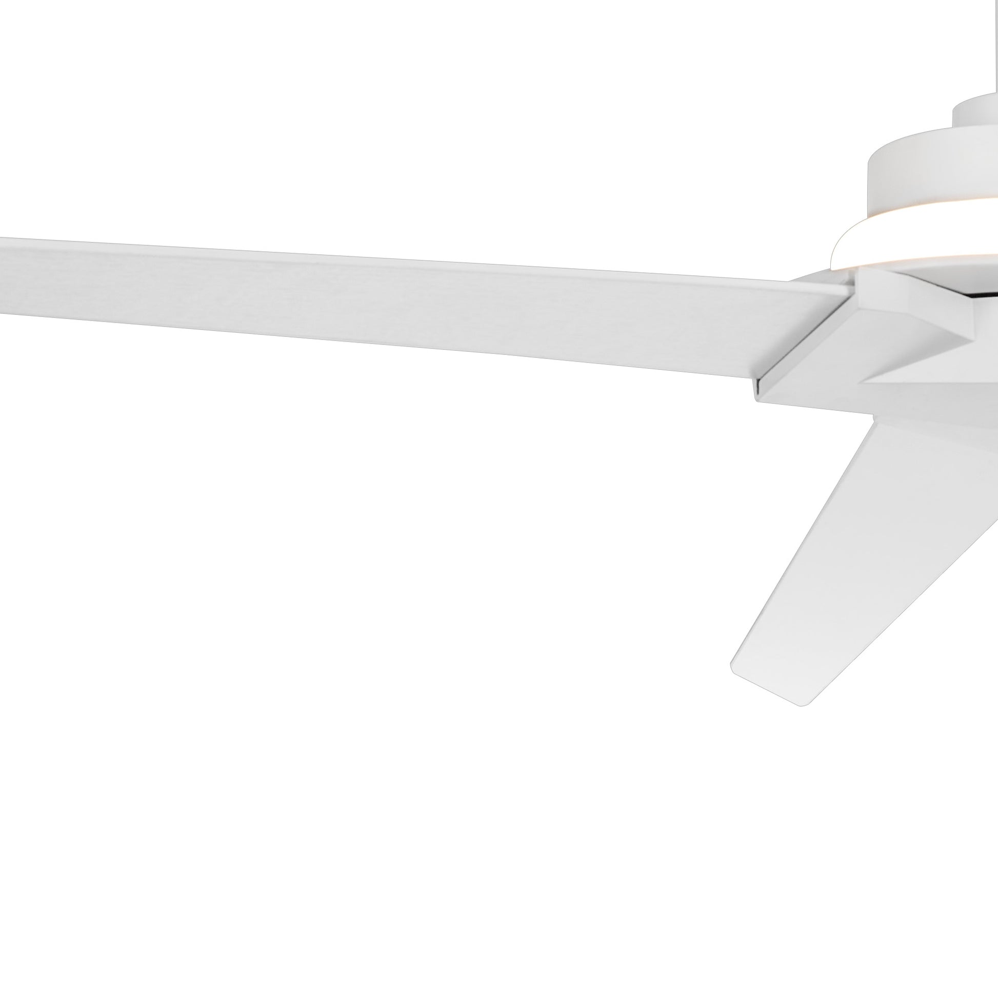 Close-up of the blades of a contemporary white Brisa ceiling fan with light from Ceiling Fans UK, against a plain white backdrop. The sleek, streamlined blades converge at the rotor, showcasing a design that highlights clean lines and simplicity. The integrated 20W LED lighting is dimmable, allowing for customizable ambiance through remote and APP control.