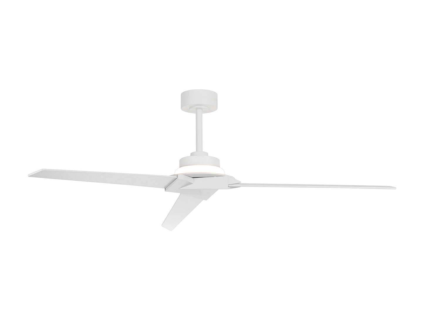 A Brisa White Ceiling Fan with Light from Ceiling Fans UK is elegantly mounted on a sleek white cylindrical base. With its three blades and dimmable 20W LED lighting, it enhances its minimalist design against the plain white background. This 175cm fan also features a reversible 40W DC motor, adjustable color temperature from 2700-5000K, and comes with both remote and app control for added convenience. It boasts an IP44 rating and includes a five-year warranty.
