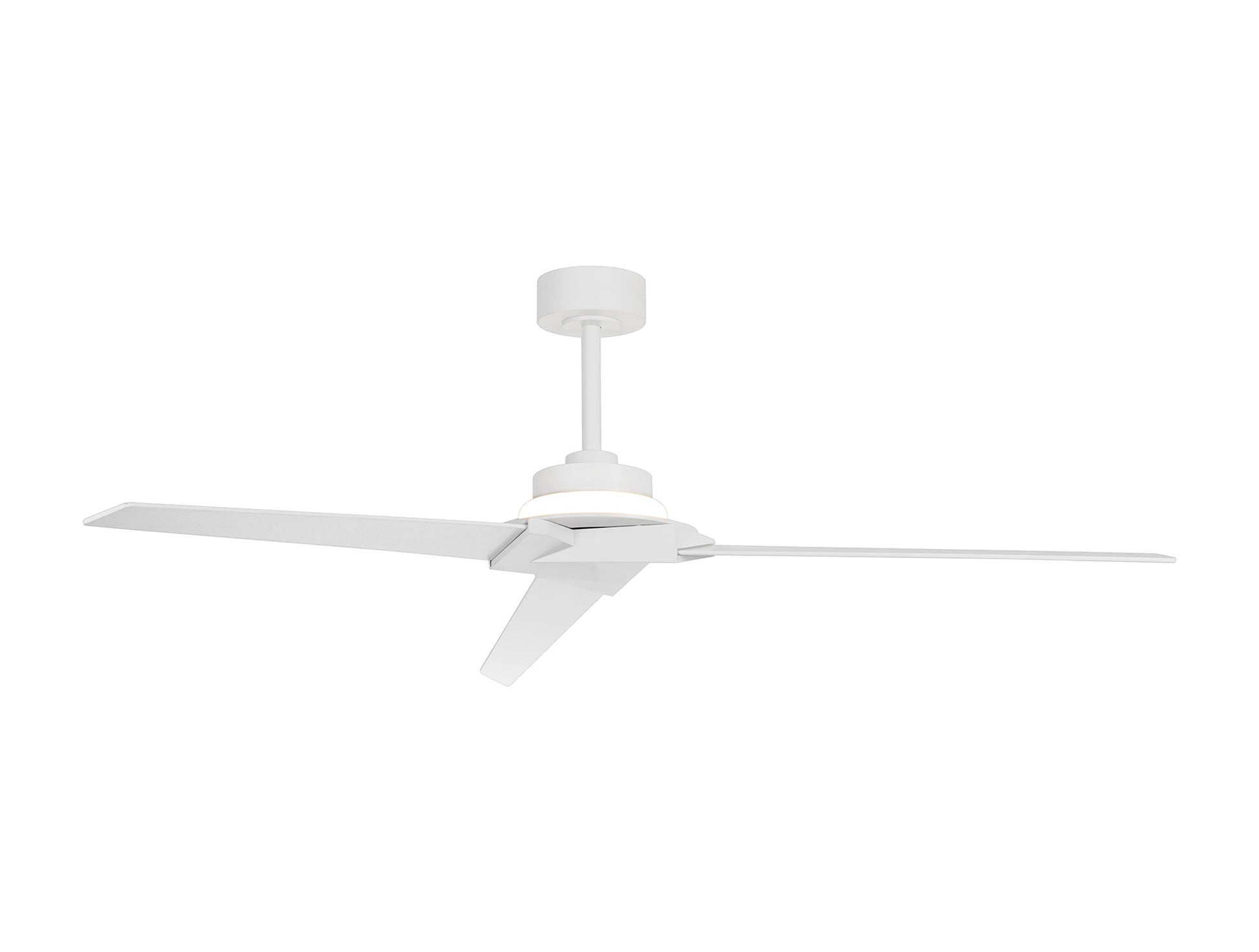 A Brisa White Ceiling Fan with Light from Ceiling Fans UK is elegantly mounted on a sleek white cylindrical base. With its three blades and dimmable 20W LED lighting, it enhances its minimalist design against the plain white background. This 175cm fan also features a reversible 40W DC motor, adjustable color temperature from 2700-5000K, and comes with both remote and app control for added convenience. It boasts an IP44 rating and includes a five-year warranty.
