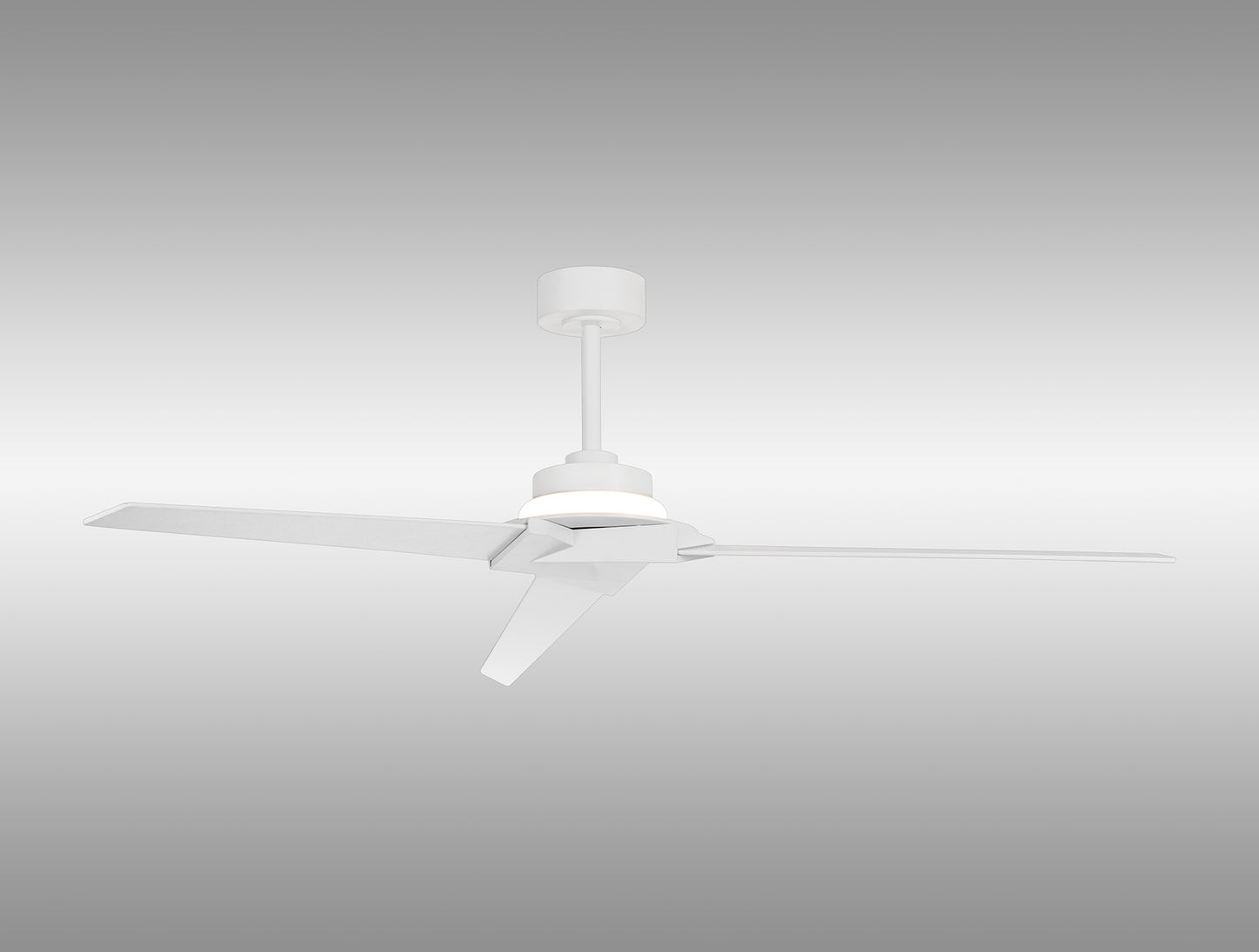 Mounted on the ceiling is the Brisa White Ceiling Fan with Light, by Ceiling Fans UK. This stylish fan features three sleek blades and a minimalist design. It includes a 20W LED dimmable ceiling light and an elegant central light fixture set against a simple gray background. With remote and app control capabilities (2700-5000K), this 40W DC reversible fan is IP44 rated, comes with a 5-year warranty, and is perfect for any contemporary space.