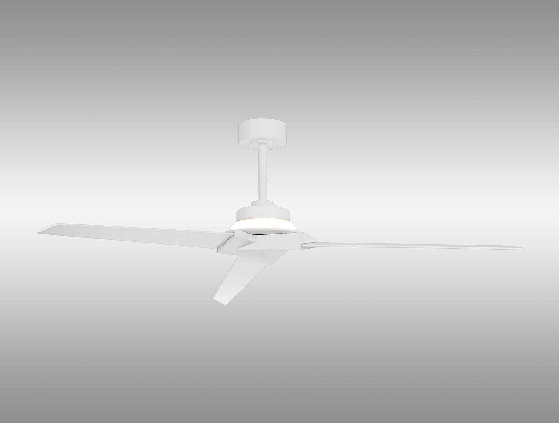Mounted on the ceiling is the Brisa White Ceiling Fan with Light, by Ceiling Fans UK. This stylish fan features three sleek blades and a minimalist design. It includes a 20W LED dimmable ceiling light and an elegant central light fixture set against a simple gray background. With remote and app control capabilities (2700-5000K), this 40W DC reversible fan is IP44 rated, comes with a 5-year warranty, and is perfect for any contemporary space.