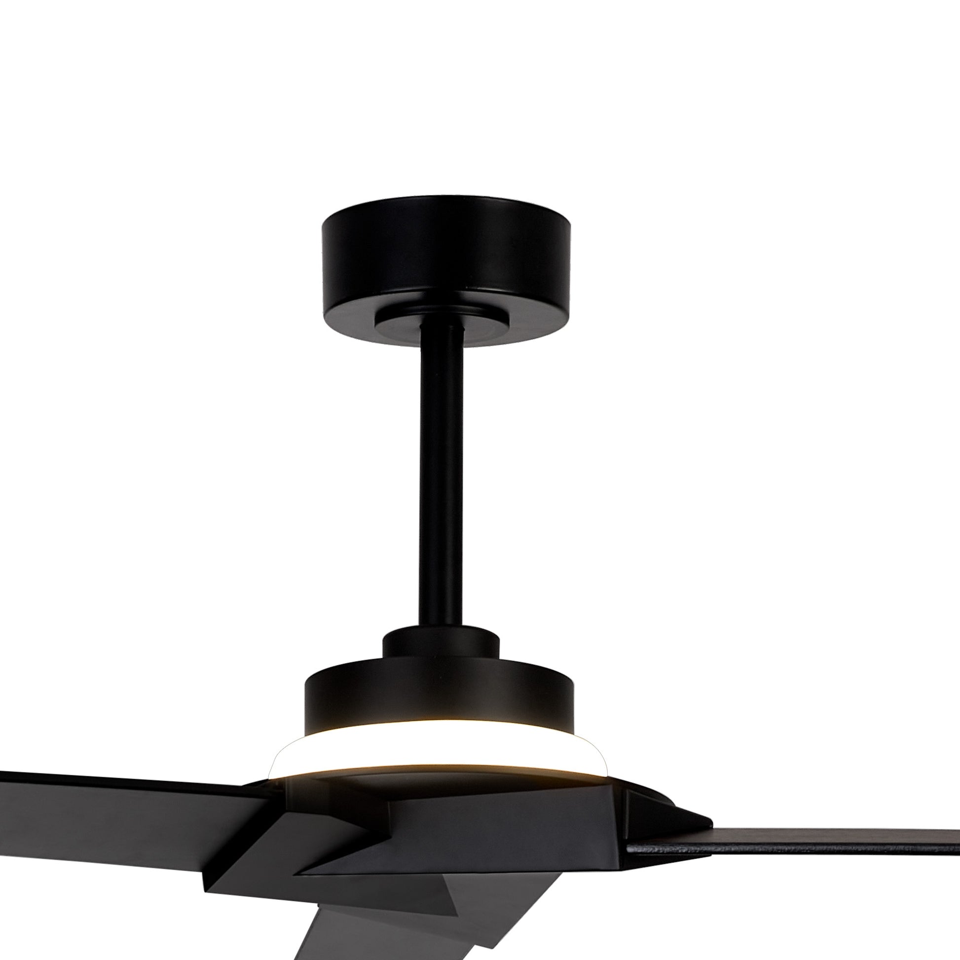 Image shows a sleek, modern Brisa Black Mini Ceiling Fan from Ceiling Fans UK, featuring a minimalistic design. The fan has a black cylindrical base and reversible blades with a central 20W LED dimmable light fixture that emits a soft white glow at 1400 lumens. The contemporary design includes clean lines and offers convenient remote & APP control for ease of use. It also comes with an IP44 rating and is backed by a 5-year warranty.