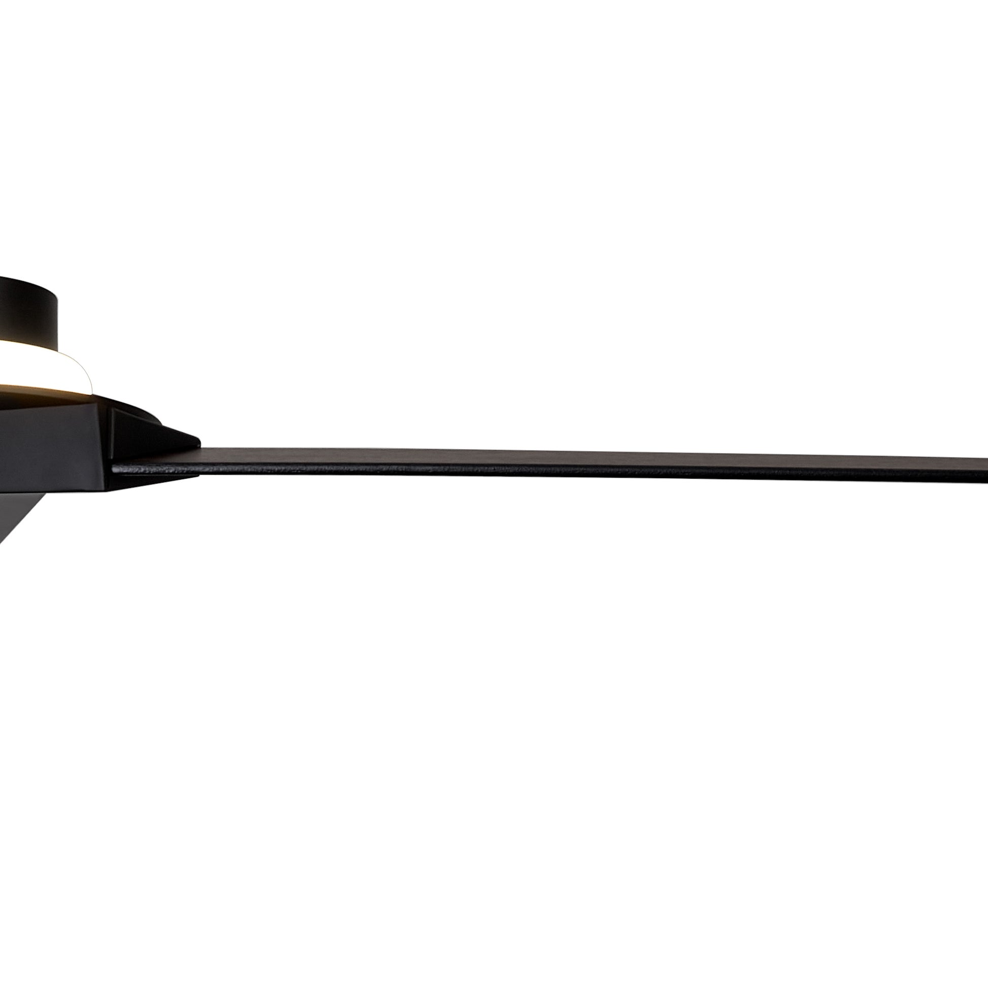 A sleek, modern black Brisa Mini Ceiling Fan with Light 150cm from Ceiling Fans UK features a streamlined arm extending from a central hub. Its horizontal, minimalist blades suggest contemporary design. Enhanced with remote and APP control alongside a 20W dimmable LED light, this fan offers convenience and style in one elegant package. Additionally, it boasts reversible blades, delivers 1400 lumens of light output, comes with an IP44 rating and includes a 5-year warranty for added peace of mind.