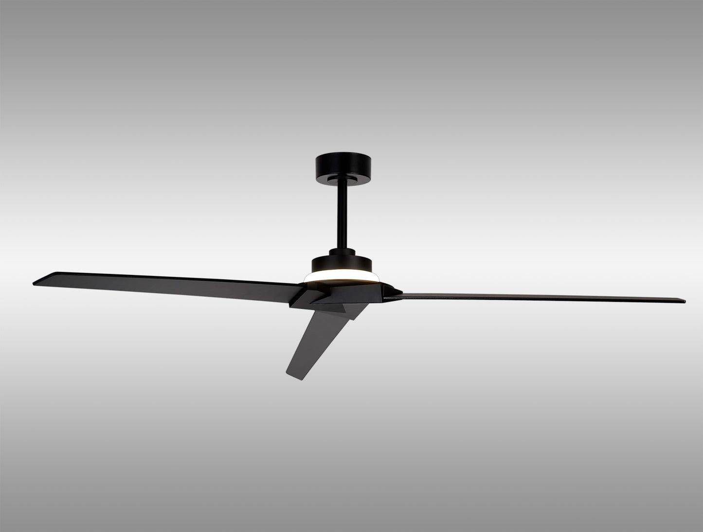 A sleek and modern Brisa Black Mini Ceiling Fan from Ceiling Fans UK, featuring three geometrically shaped reversible blades, is mounted on a white ceiling. The fan boasts a minimalist design with a cylindrical base and central motor housing. It includes a 20W dimmable LED light offering 1400 lumens, and provides both remote and APP control for added convenience. This fan also has an IP44 rating and comes with a 5-year warranty.
