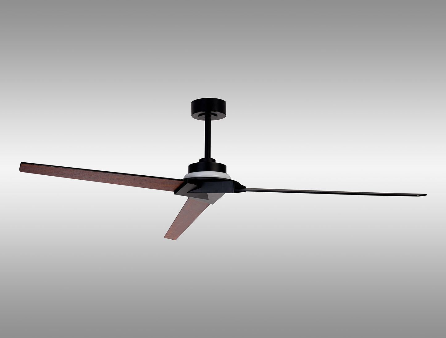 The MANTRA M8725/MA Brisa Mini Ceiling Fan by Ceiling Fans UK features reversible black/wood blades, a 20W LED dimmable ceiling light, remote & app control, IP44 rating, and 5-year warranty—shown mounted on a plain gray background.