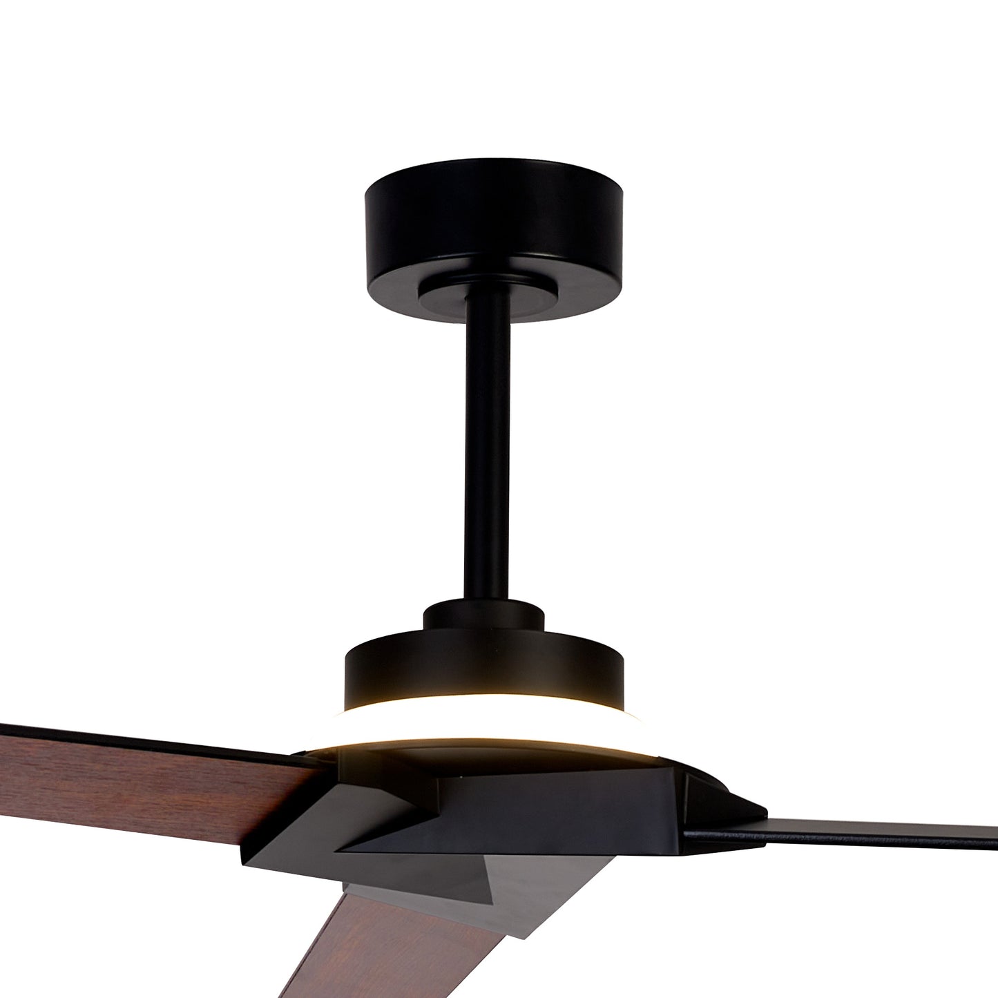Close-up of the Ceiling Fans UK MANTRA M8725/MA Brisa Mini Black/Wood Ceiling Fan (150cm), featuring dark metal hardware, two reversible wooden blades, IP44 rating, built-in 20W dimmable LED light, remote & app control, and a sleek short downrod.