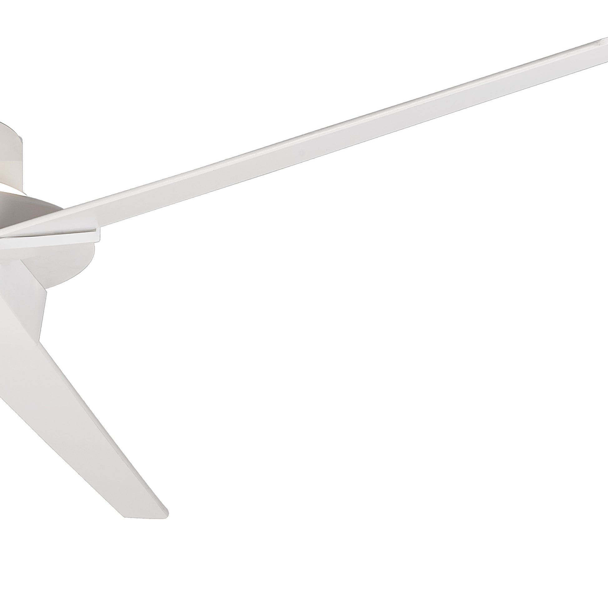Close-up of the Ceiling Fans UK MANTRA M8726 Brisa Mini White Ceiling Fan with 150cm dimmable LED light and built-in 40W DC reversible motor, showing part of its three blades against a plain background. Remote & app control, IP44 rated.