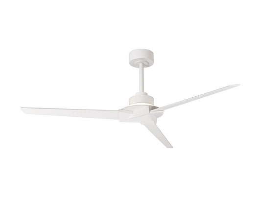 The Ceiling Fans UK Brisa Mini White Ceiling Fan with Light features a sleek, modern design with three straight blades and a cylindrical motor housing mounted on a short downrod. This 150cm fan includes an integrated 20W LED dimmable light and a built-in 40W DC reversible fan. It offers remote and app control with adjustable color temperature from 2700-5000K, is IP44 rated, and comes with a 5-year warranty, making it ideal for contemporary interiors.