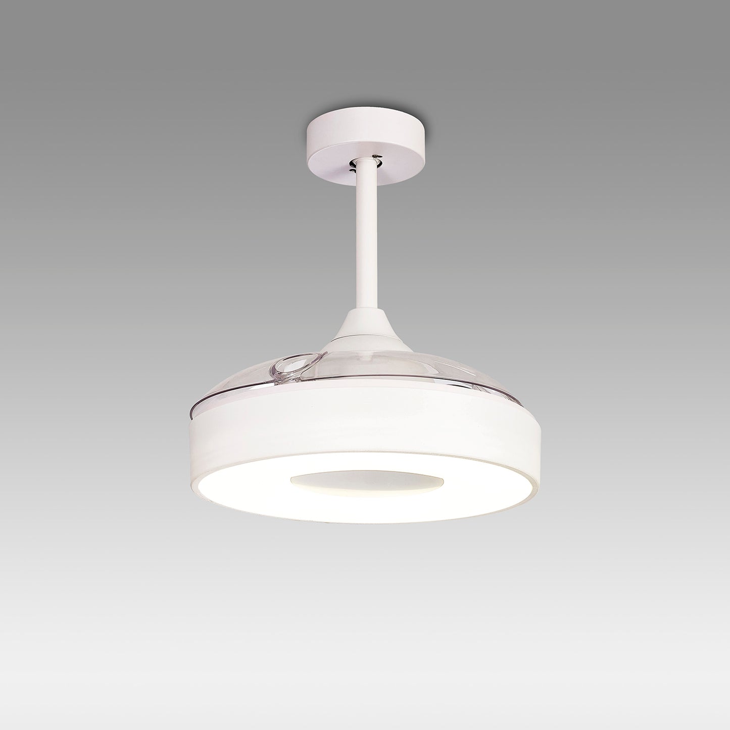 The Coin White Ceiling Fan with light by Ceiling Fans UK is a modern, white ceiling fixture featuring a 60W LED dimmable light and a built-in 30W DC reversible fan. With its minimalist design, it hangs from a short rod and includes a wide, circular shade. The fan offers remote and app control for easy adjustments and comes with an impressive five-year warranty. Its clean, contemporary appearance stands out beautifully against a simple gray background.