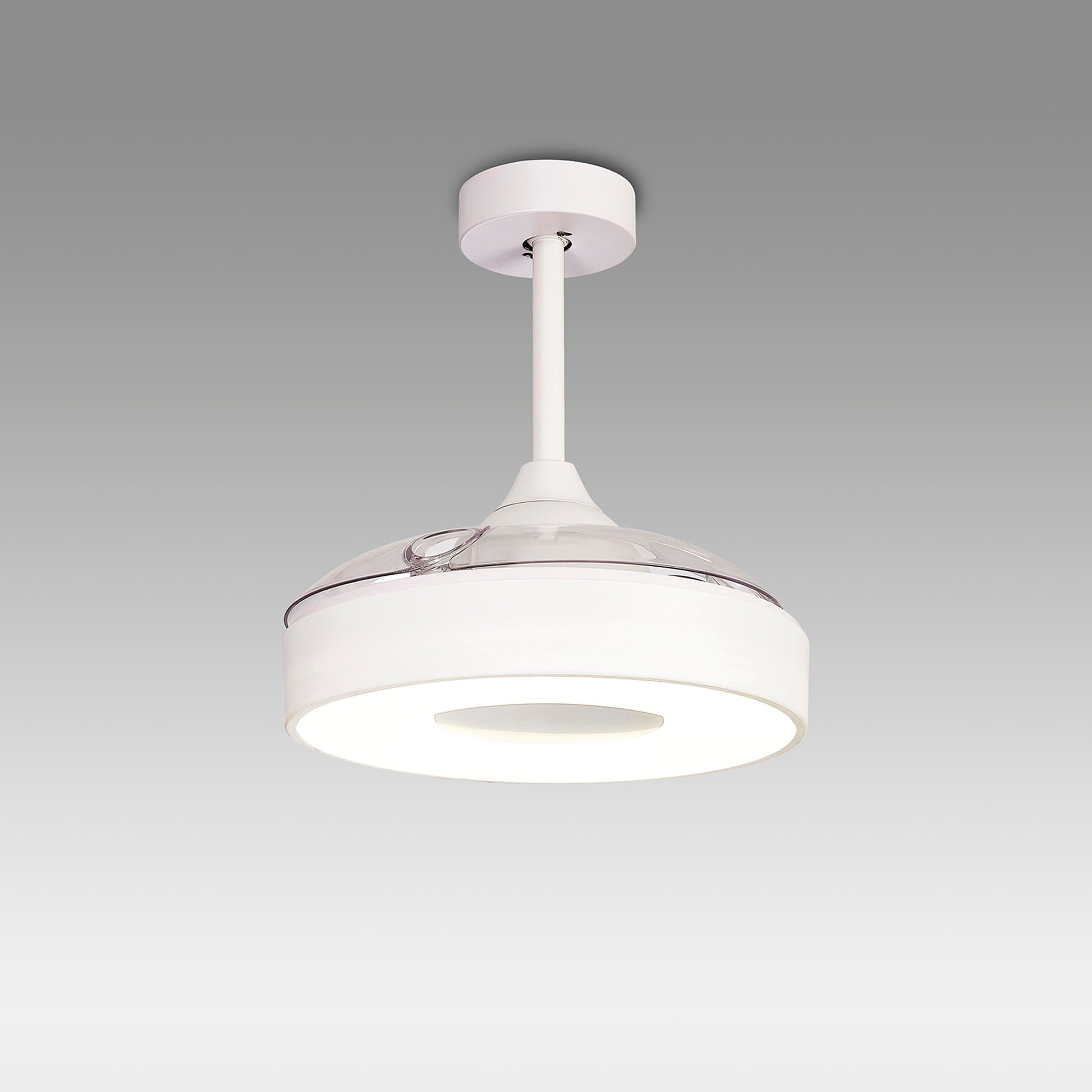 The Coin White Ceiling Fan with light by Ceiling Fans UK is a modern, white ceiling fixture featuring a 60W LED dimmable light and a built-in 30W DC reversible fan. With its minimalist design, it hangs from a short rod and includes a wide, circular shade. The fan offers remote and app control for easy adjustments and comes with an impressive five-year warranty. Its clean, contemporary appearance stands out beautifully against a simple gray background.