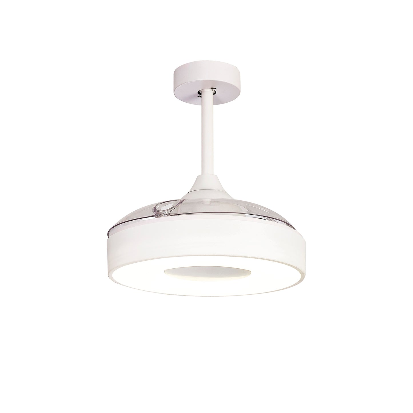 The Coin White Ceiling Fan with light by Ceiling Fans UK is a modern, white, 60W LED dimmable ceiling light fixture featuring a round, minimalist design and a transparent top section. The built-in 30W DC reversible fan is controlled via remote and app for added convenience. With a clean, sleek appearance, it hangs from a short white rod attached to a circular ceiling mount and comes with a 5-year warranty.