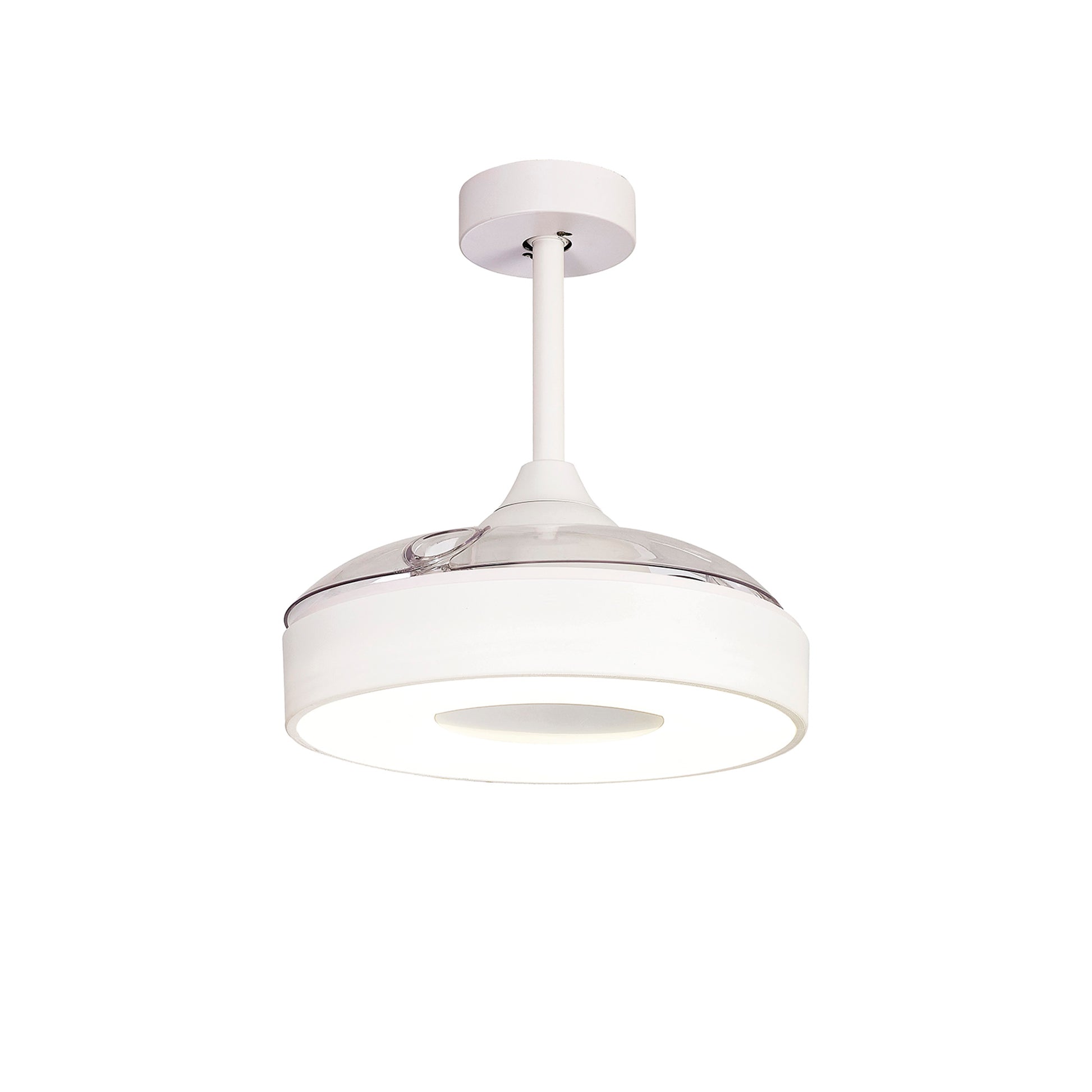 The Coin White Ceiling Fan with light by Ceiling Fans UK is a modern, white, 60W LED dimmable ceiling light fixture featuring a round, minimalist design and a transparent top section. The built-in 30W DC reversible fan is controlled via remote and app for added convenience. With a clean, sleek appearance, it hangs from a short white rod attached to a circular ceiling mount and comes with a 5-year warranty.