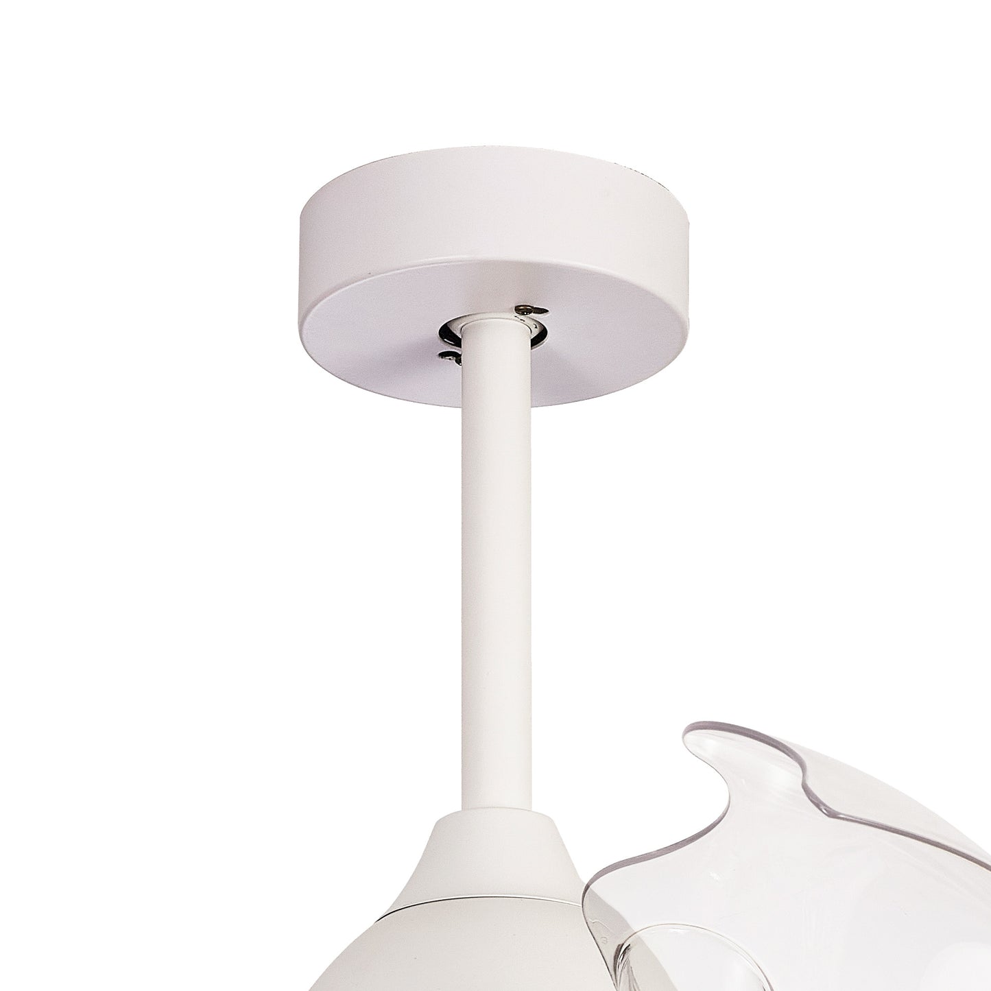 A close-up image of the Ceiling Fans UK Coin White Ceiling Fan with light reveals its ceiling-mounted 60W LED Dimmable Ceiling Light. The fixture features a cylindrical base affixed to the ceiling with a straight rod extending downward. Visible components include a portion of a white lampshade and a clear, curved glass piece connected to the rod. This product also boasts a built-in 30W DC reversible fan, and offers remote and app control with a 5-year warranty included.