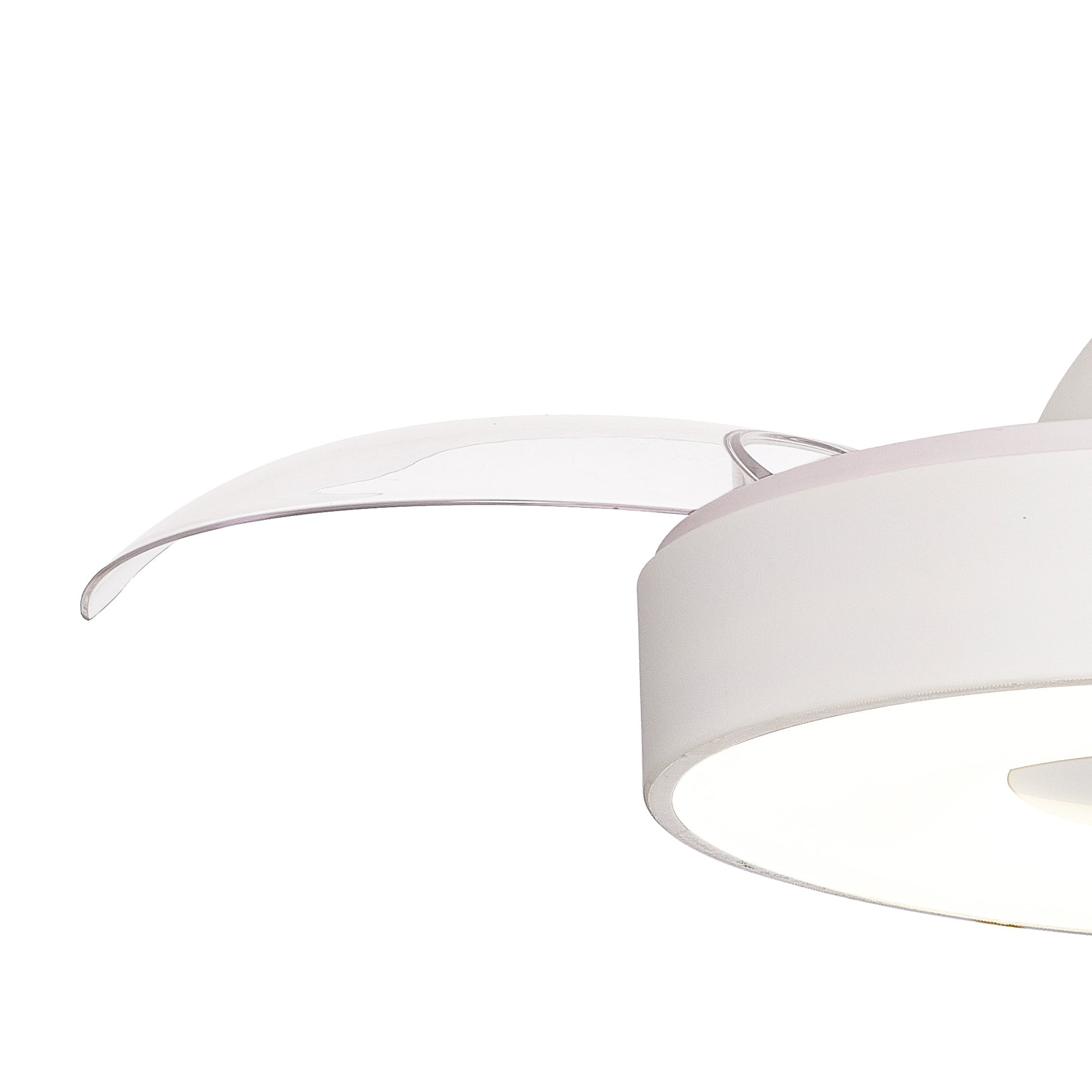 Close-up of the Ceiling Fans UK's Coin White Ceiling Fan showcasing its sleek, minimalist design. The fan features a white housing and a single visible translucent blade. It comes equipped with a 60W LED dimmable ceiling light that is softly illuminated, blending seamlessly with the structure, and includes built-in 30W DC reversible fan technology.