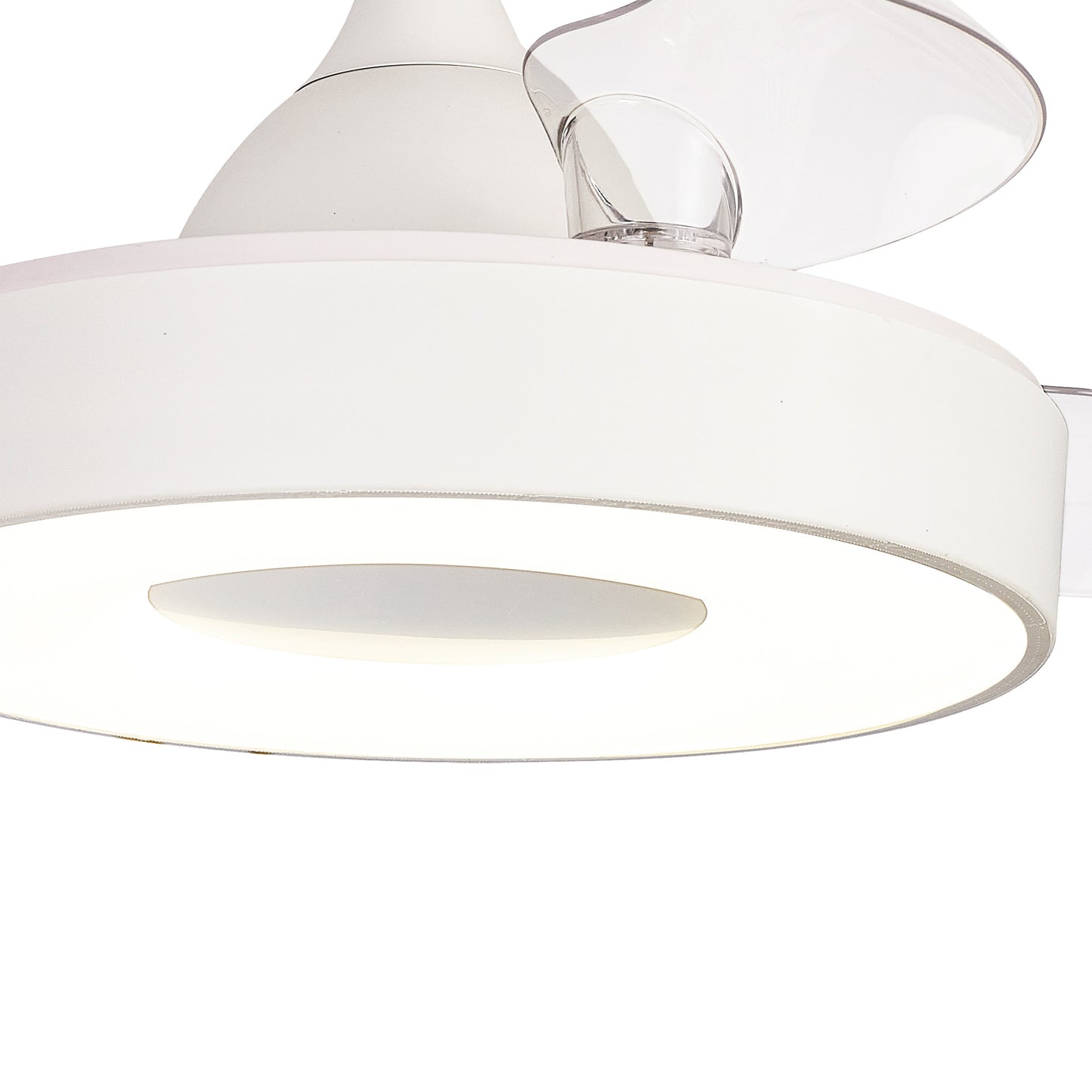Close-up of the Coin White Ceiling Fan with light by Ceiling Fans UK, featuring a 60W LED dimmable ceiling light and a built-in 30W DC reversible fan. The circular design includes a frosted diffuser for softened light and a small transparent shield on one side. Its sleek and minimalist aesthetic adds a contemporary touch to the decor, further enhanced by remote & app control functionality and backed by a 5-year warranty.