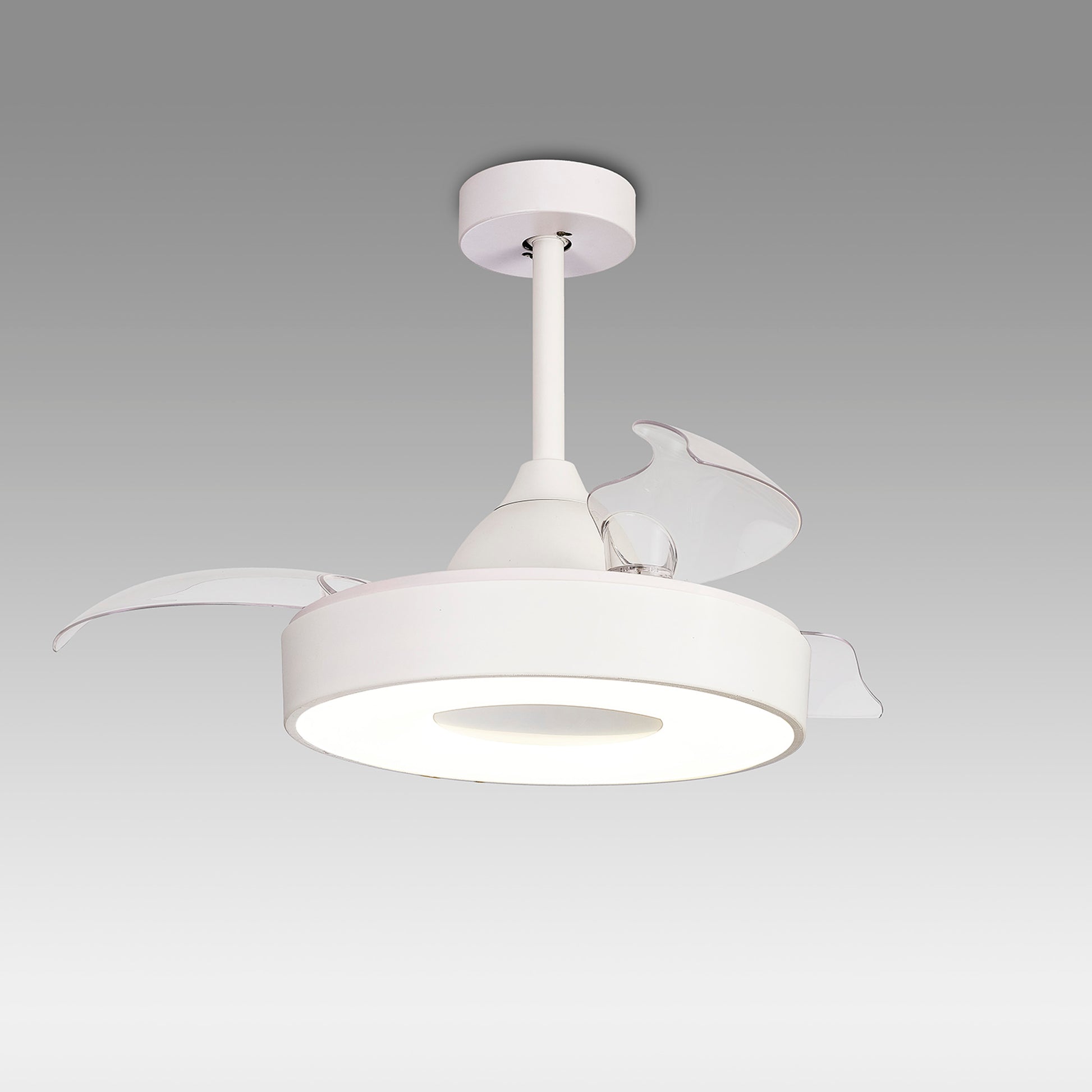 The Coin White Ceiling Fan with a dimmable 60W LED light features a modern design with three slightly curved transparent blades. It hangs from a short rod attached to a circular mounting plate, set against a gradient gray background. This fan by Ceiling Fans UK includes Remote & APP Control for ease of use and comes with a built-in 30W DC reversible motor, backed by a 5-year warranty.