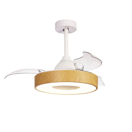 The Coin White/Wood Ceiling Fan with Light by Ceiling Fans UK boasts a minimalist aesthetic, featuring a white central fixture complemented by a wooden ring detail around the light and three transparent blades. It is mounted on a white rod connected to the ceiling and includes a dimmable 60W LED ceiling light for optimal ambiance. This fan comes with built-in 30W DC reversible functionality, remote and app control, as well as an impressive 5-year warranty.
