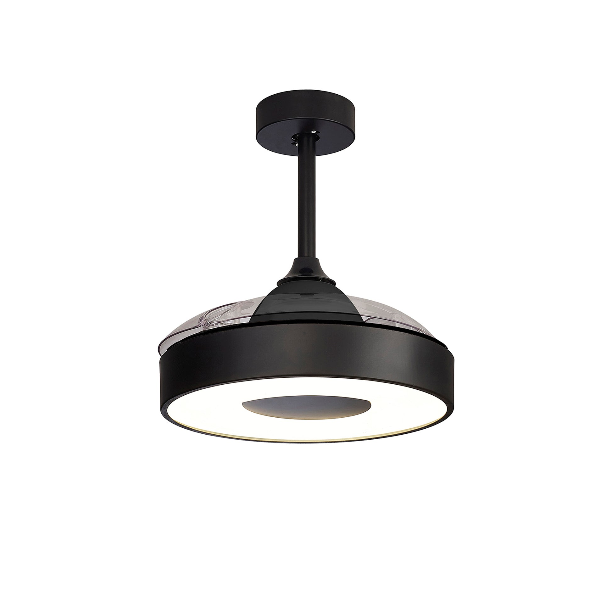 The Coin Black Ceiling Fan with Light by Ceiling Fans UK boasts a contemporary circular design, featuring a sleek metal frame and an LED dimmable light with a frosted diffuser that emits a soft, even glow. This fixture, suspended by a short rod attached to a round ceiling mount, offers stylish and efficient illumination while also incorporating a built-in 30W DC reversible fan. It comes with both remote and app control options and includes a 5-year warranty.