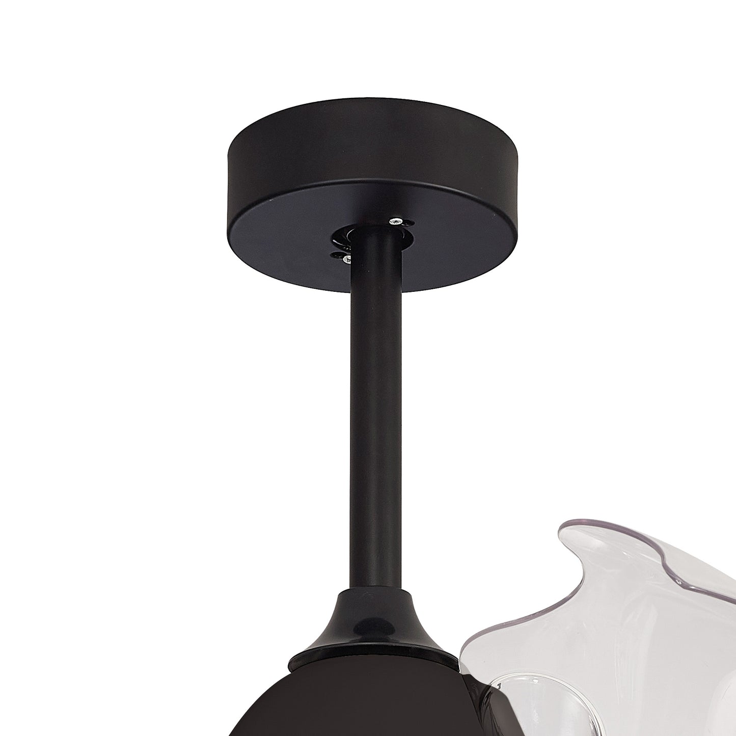Close-up image of the Coin Black Ceiling Fan with Light 60W LED Dimmable Ceiling Light With Built-In 30W DC Reversible Fan by Ceiling Fans UK. The narrow cylindrical rod extends downwards, and the partially visible clear glass shade curves gently away from it, showcasing a sleek and modern design.
