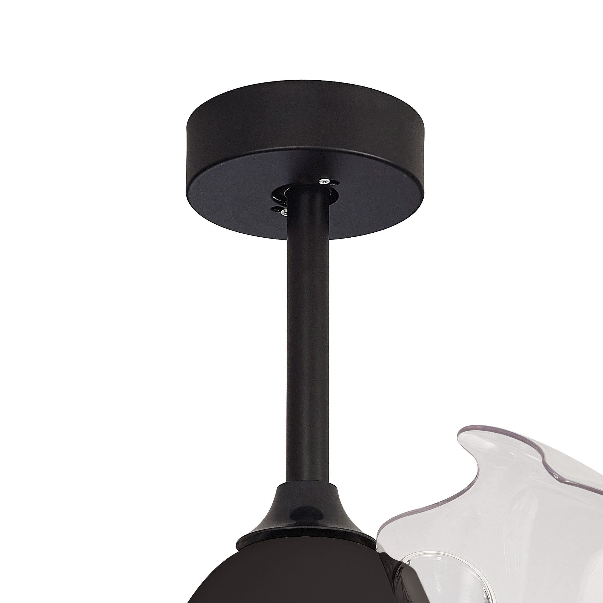 Close-up image of the Coin Black Ceiling Fan with Light 60W LED Dimmable Ceiling Light With Built-In 30W DC Reversible Fan by Ceiling Fans UK. The narrow cylindrical rod extends downwards, and the partially visible clear glass shade curves gently away from it, showcasing a sleek and modern design.
