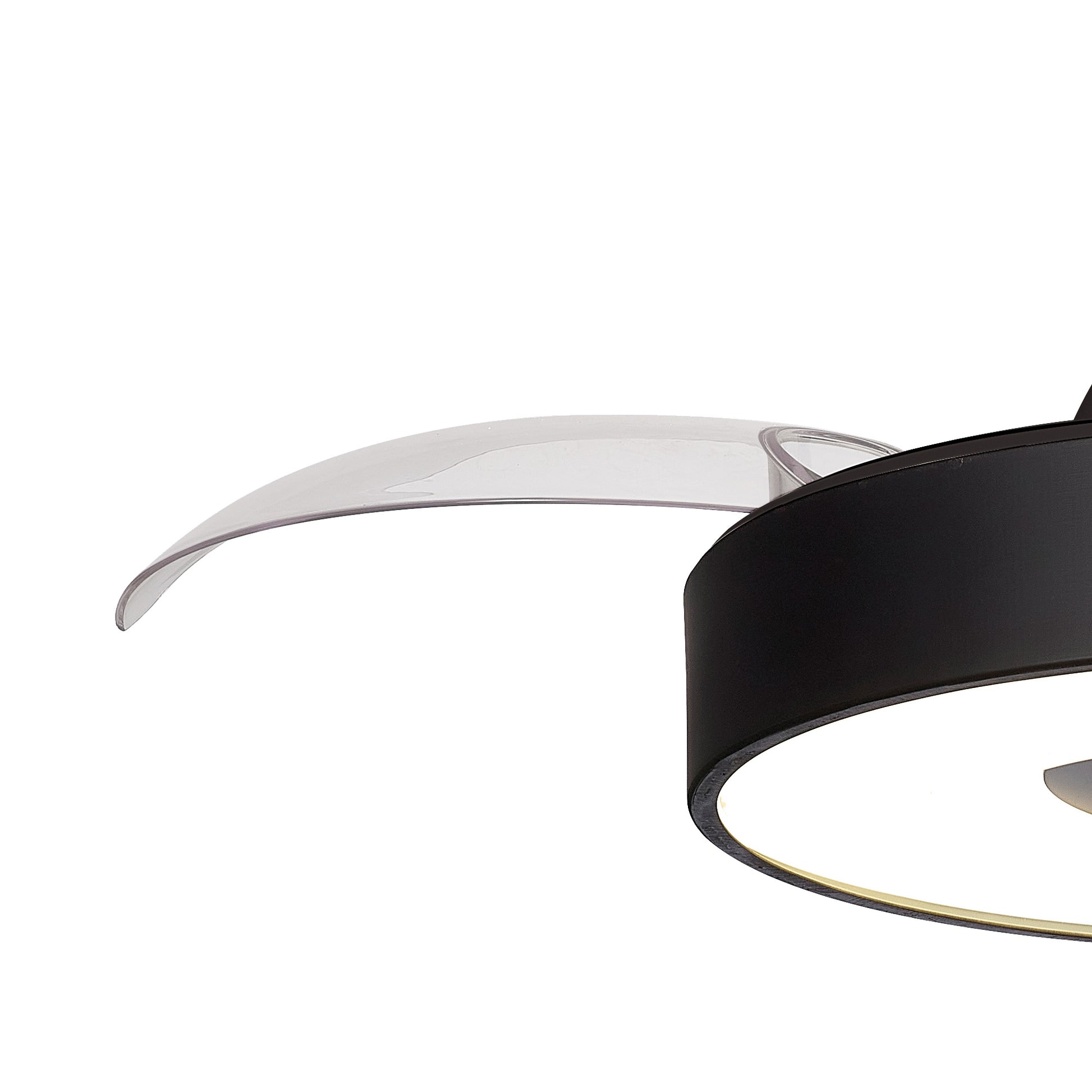 Close-up image of the modern Coin Black Ceiling Fan with light from Ceiling Fans UK, featuring a sleek, circular design in black with a curved, transparent extension on one side. This 60W LED dimmable ceiling light combines minimalistic elements with contemporary style and includes a built-in 30W DC reversible fan. The package also offers remote and app control, plus a 5-year warranty.