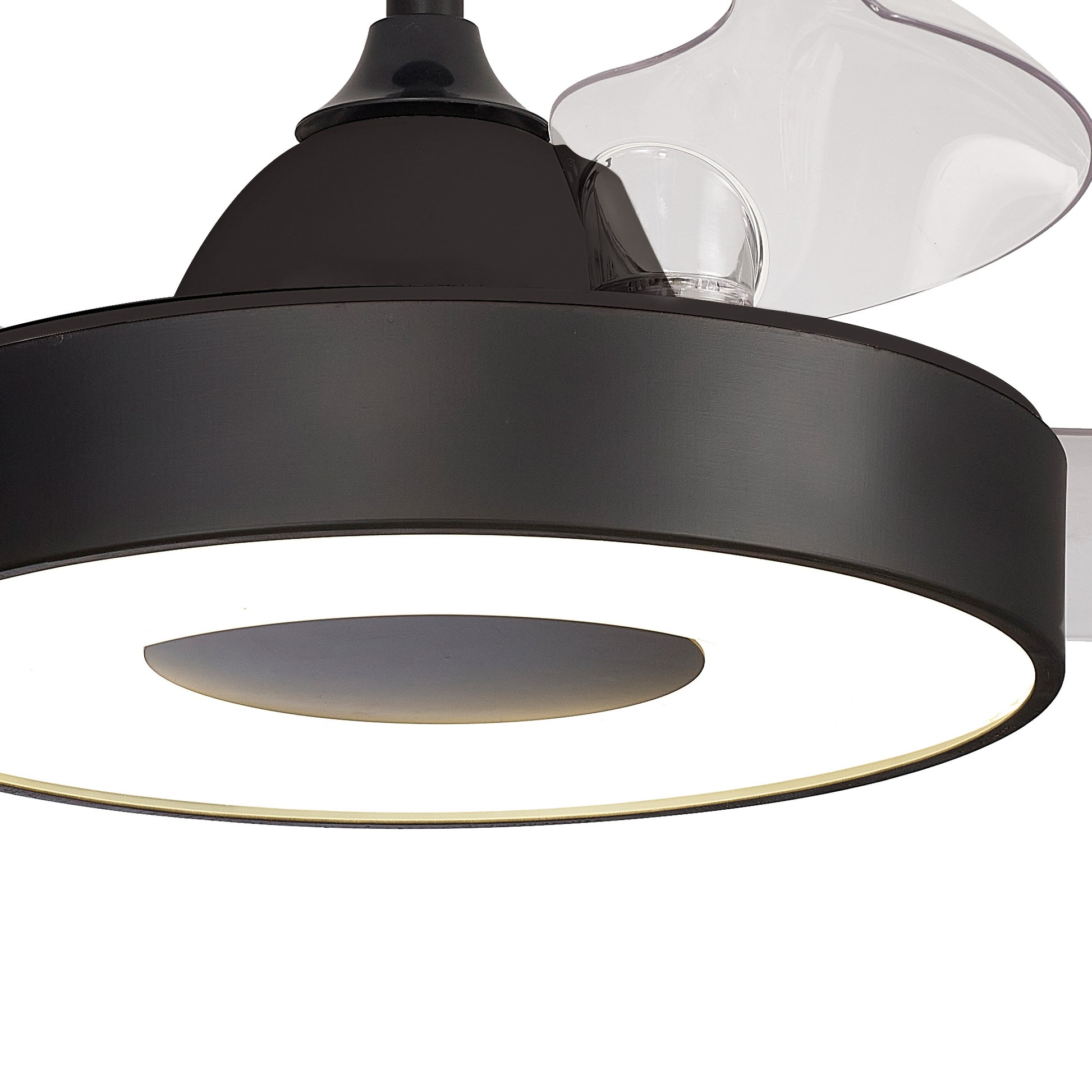 A close-up view of Ceiling Fans UK's Coin Black Ceiling Fan shows off its sleek, contemporary design elements, with slightly visible blades and an integrated circular 60W dimmable LED light. The fan features a built-in 30W DC reversible motor and is controllable via remote or app. The illuminated light casts a soft glow, highlighting the modern black aesthetic.