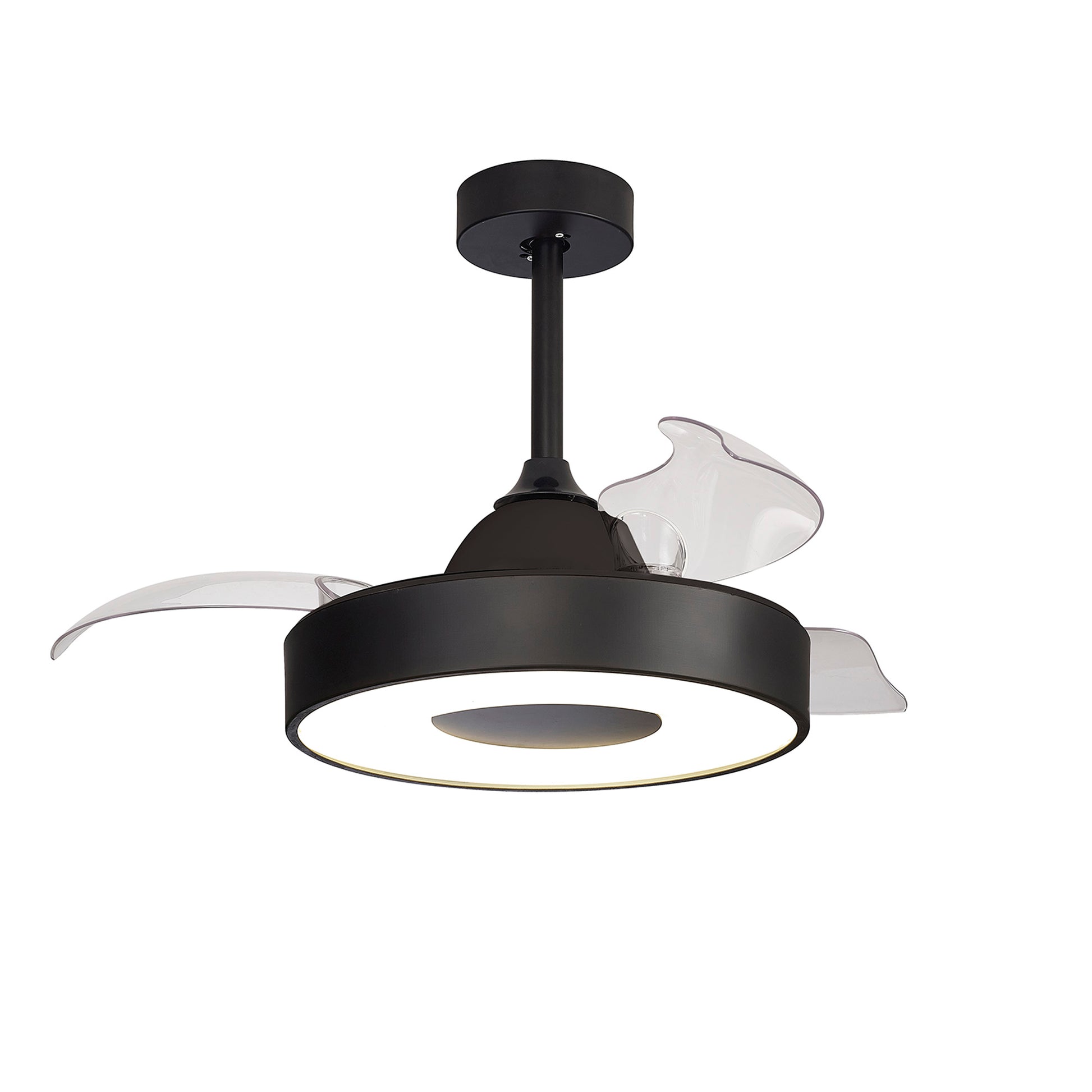 The Coin Black Ceiling Fan by Ceiling Fans UK is a modern fixture with a sleek black finish, featuring three transparent blades and an integrated 60W LED dimmable circular light. This reversible fan includes a cylindrical attachment for ceiling mounting and offers both remote and app control, combining functionality with contemporary design. Comes with a 5-year warranty.