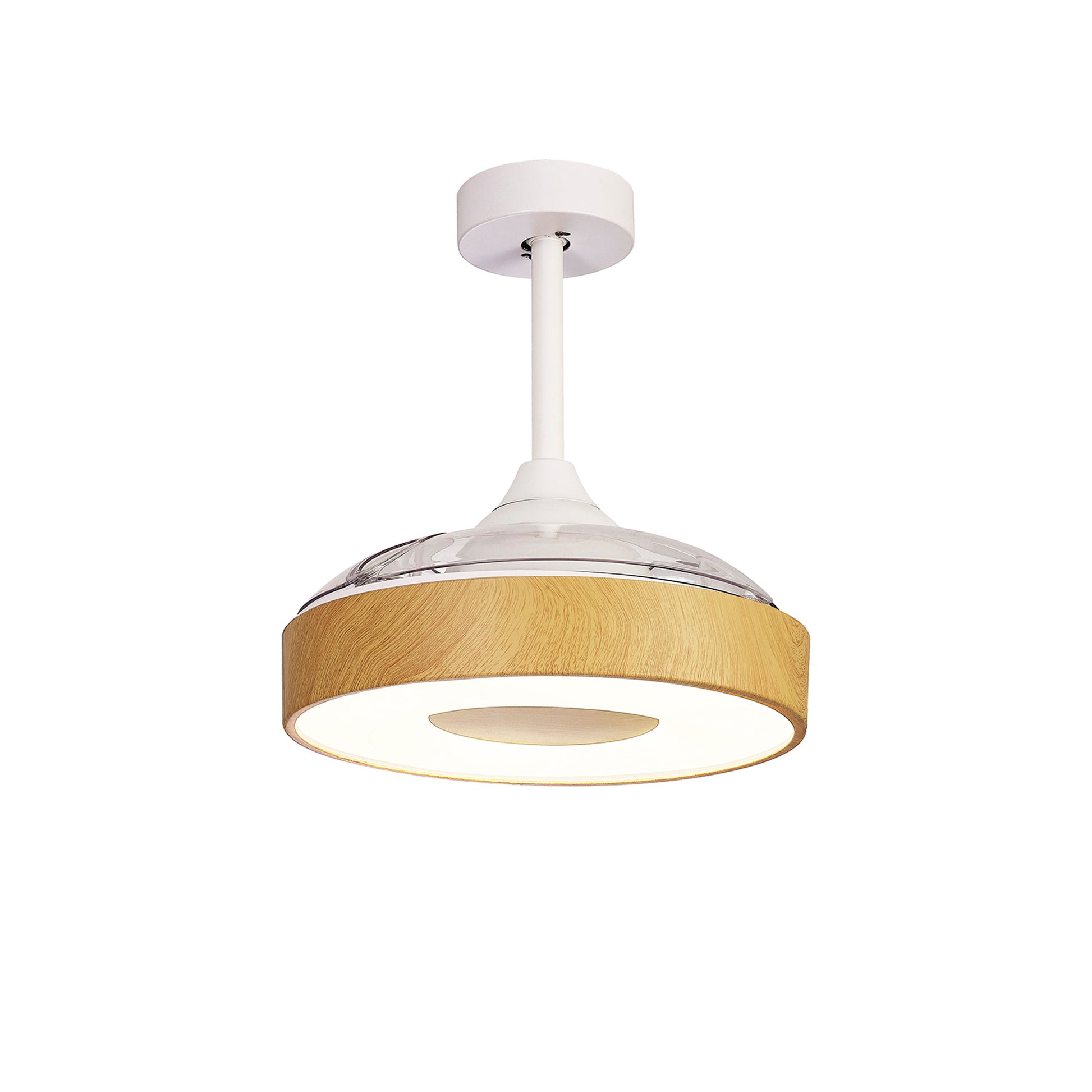The Coin Mini White/Wood Ceiling Fan with Light by Ceiling Fans UK is a sleek and contemporary ceiling fixture featuring a cylindrical design. It combines a white upper section, a cylindrical extension rod, and a natural wood-finish lower section that surrounds the 45W LED dimmable ceiling light. This modern piece offers remote and app control for convenience, along with an integrated 25W DC reversible fan and comes with a 5-year warranty.