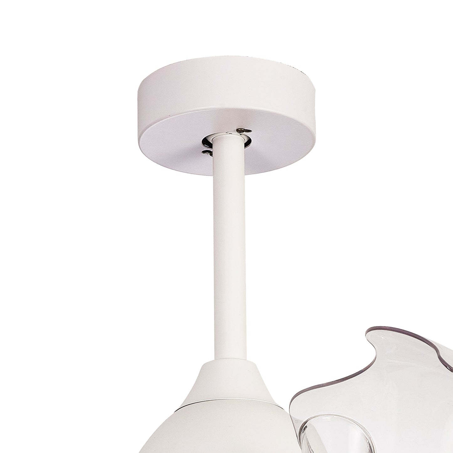 The Coin Mini White/Wood Ceiling Fan with Light by Ceiling Fans UK is a white ceiling-mounted, 45W LED dimmable fixture featuring a cylindrical base and a short, vertical rod. Part of the attached lampshade is visible on the right side of the image. This product also includes a built-in 25W DC reversible fan and offers remote and app control with a 5-year warranty.