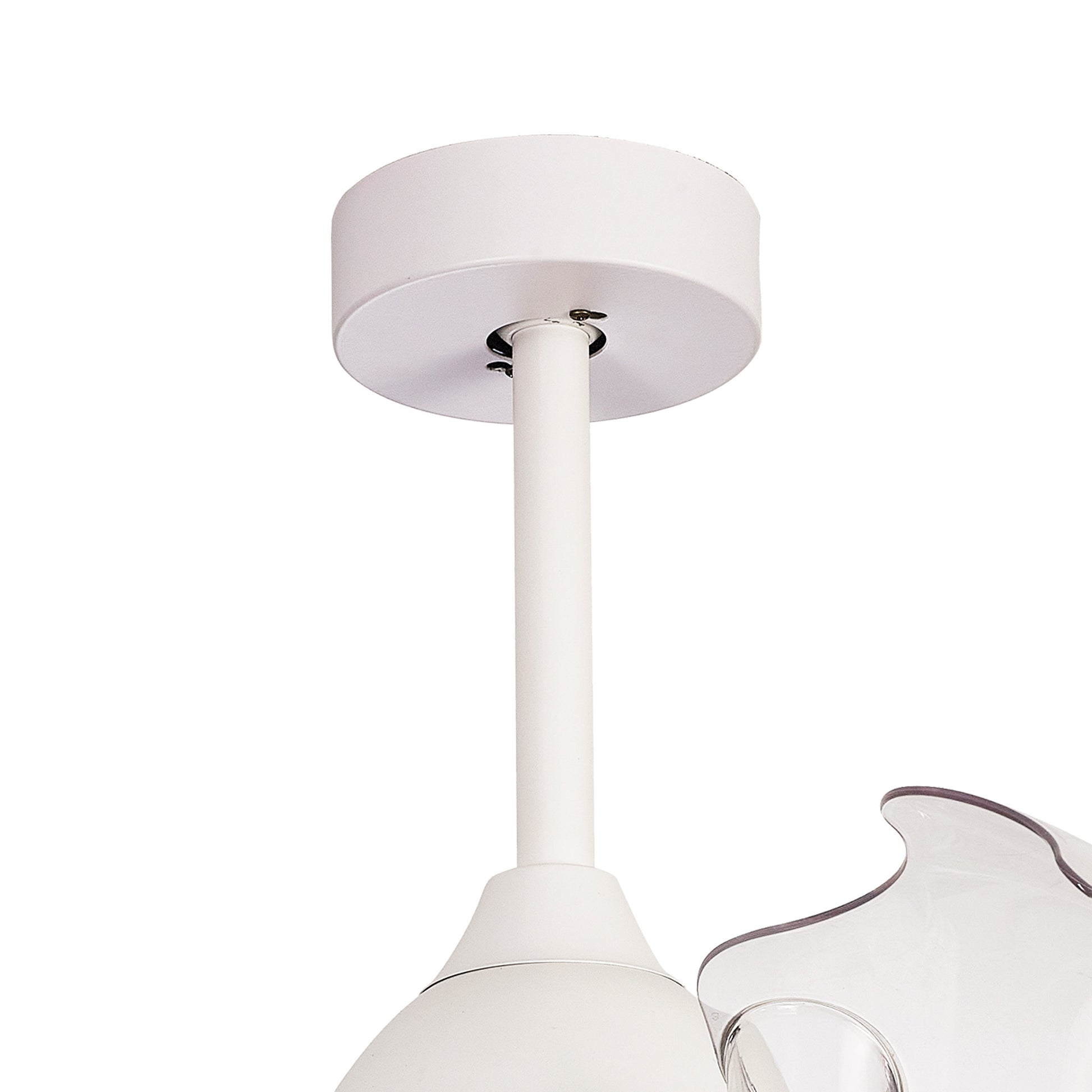 The Coin Mini White/Wood Ceiling Fan with Light by Ceiling Fans UK is a white ceiling-mounted, 45W LED dimmable fixture featuring a cylindrical base and a short, vertical rod. Part of the attached lampshade is visible on the right side of the image. This product also includes a built-in 25W DC reversible fan and offers remote and app control with a 5-year warranty.