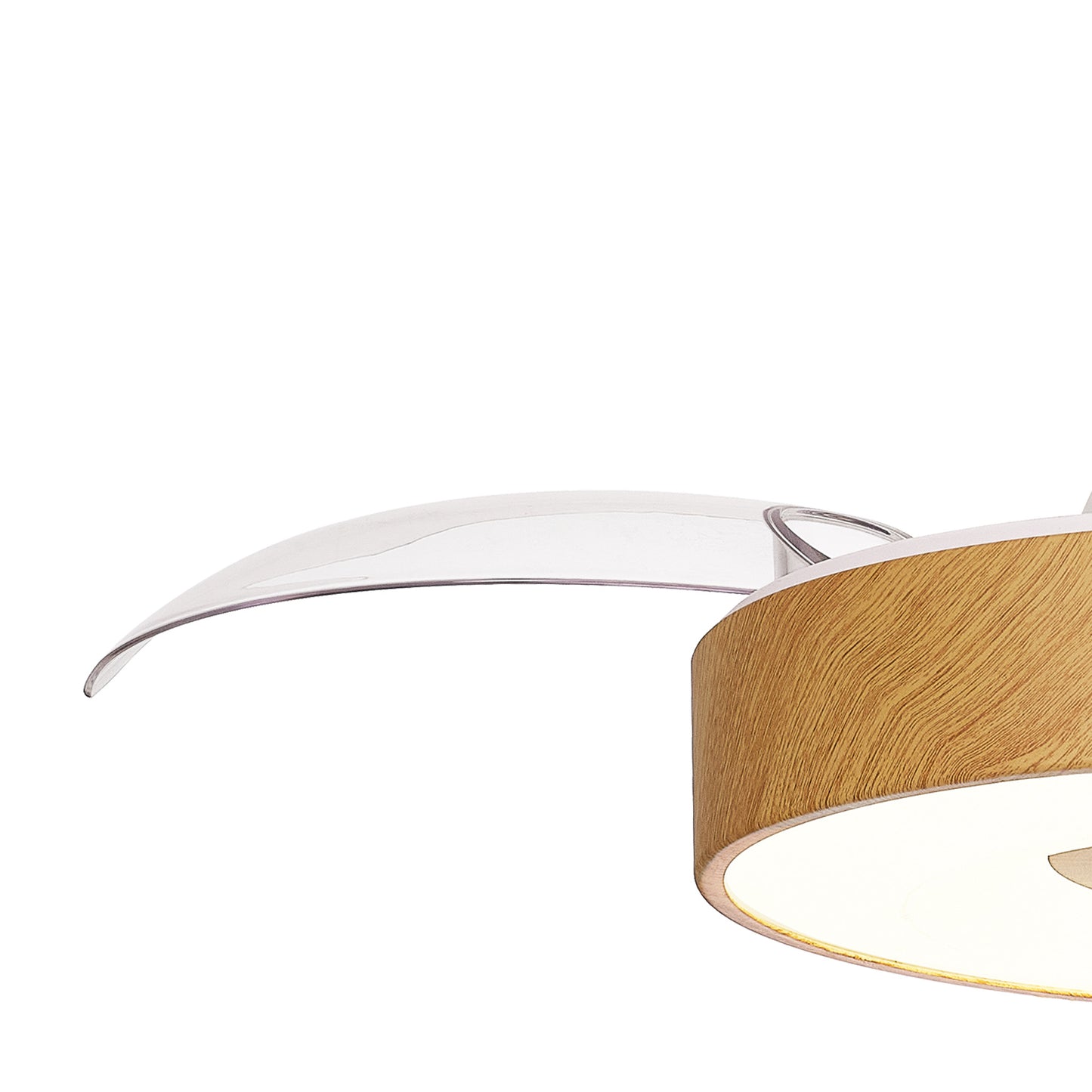 The image showcases the upper part of the fixture of the Coin Mini White/Wood Ceiling Fan with Light 45W LED Dimmable Ceiling Light with Built-In 25W DC Reversible Fan by Ceiling Fans UK, highlighting its modern design with wooden accents and three transparent blades. The fan, featuring an LED dimmable light that is currently turned off, is set against a plain white background.
