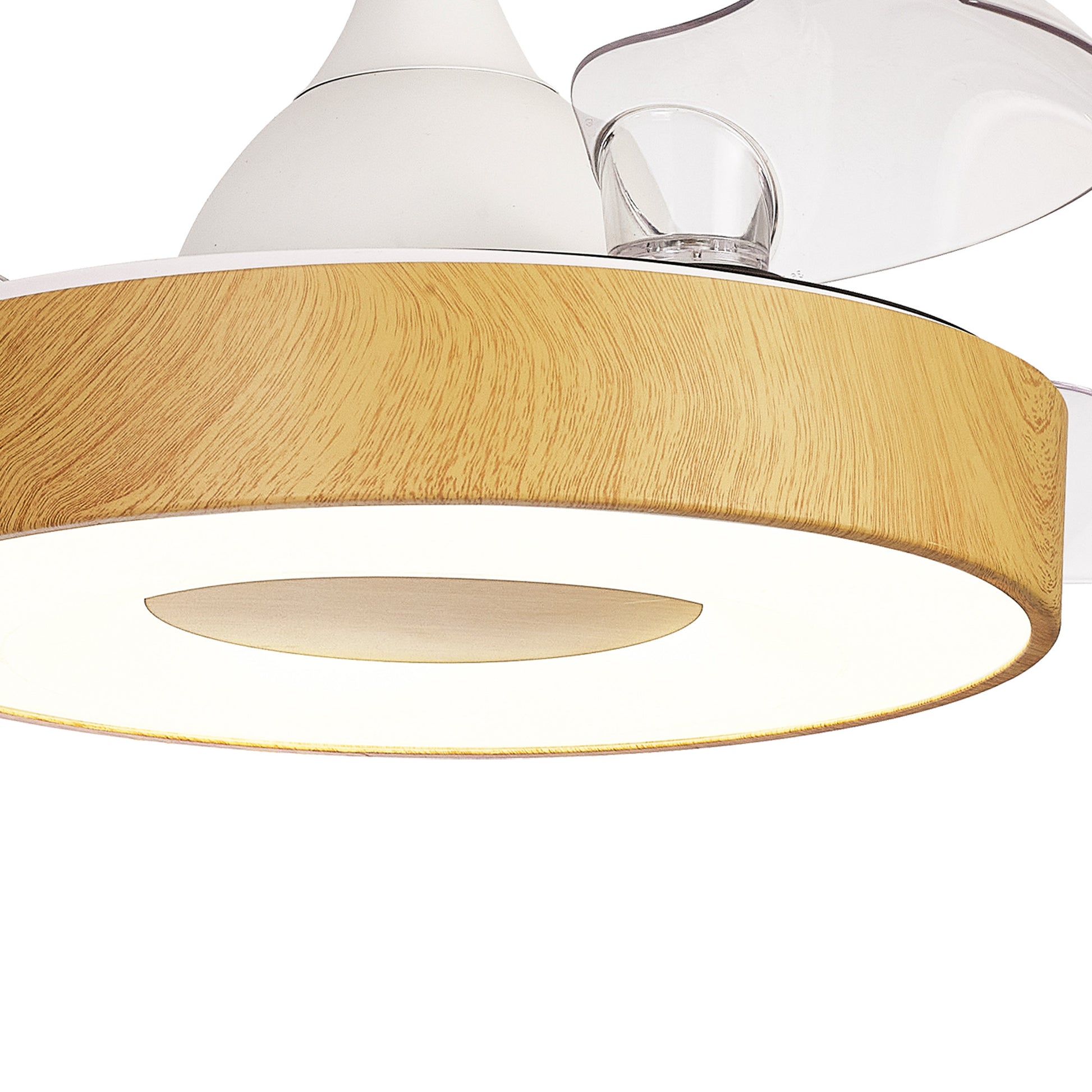 A close-up image of the Coin Mini White/Wood Ceiling Fan with Light from Ceiling Fans UK. This 45W LED dimmable ceiling light fixture features a round wooden frame and a translucent white diffuser. The fixture boasts a sleek, minimalist design with clean lines and a smooth finish, complemented by the built-in 25W DC reversible fan. The lighting is evenly distributed, creating a warm and inviting ambiance. Remote and APP control offer convenient operation, backed by a 5-year warranty.
