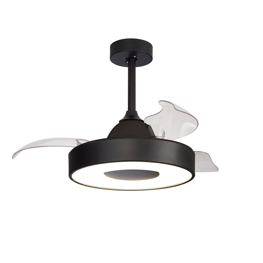 The Coin Black Mini Ceiling Fan by Ceiling Fans UK features three transparent, curved blades and an integrated, dimmable 45W LED ceiling light in the center. This sleek and contemporary fan, equipped with a built-in 25W DC reversible motor, is mounted on a short rod extending from the ceiling. Its minimalist design blends functionality with modern aesthetics. The fan can be controlled via remote or app and comes with a 5-year warranty.