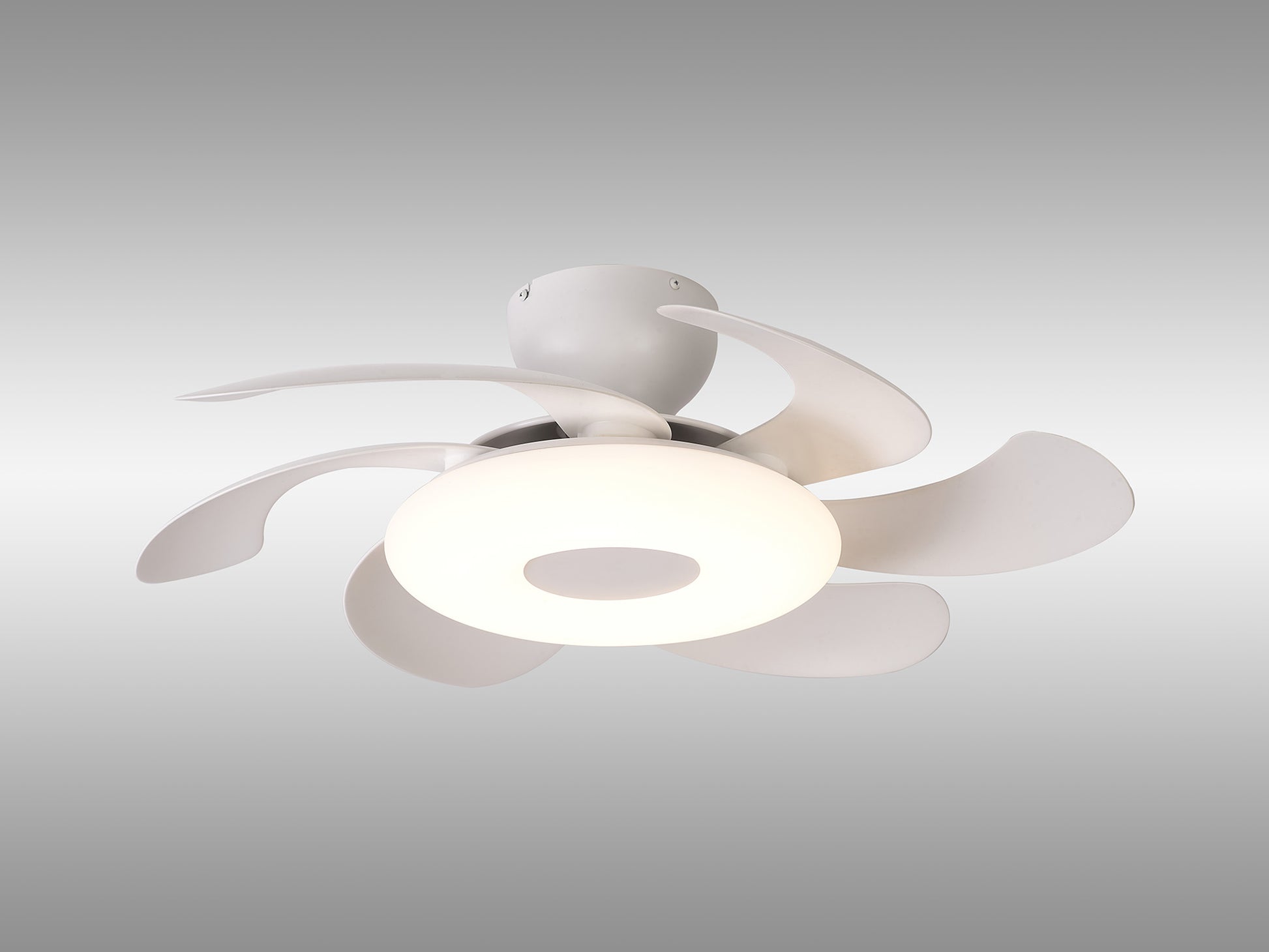 The Flower White Ceiling Fan with Light from Ceiling Fans UK boasts a sleek, futuristic design with six curved white blades and a central circular dimmable 24W LED light. Mounted on a white base against a gradient background, this 50cm fan includes a built-in 25W DC reversible motor and offers the convenience of remote control.