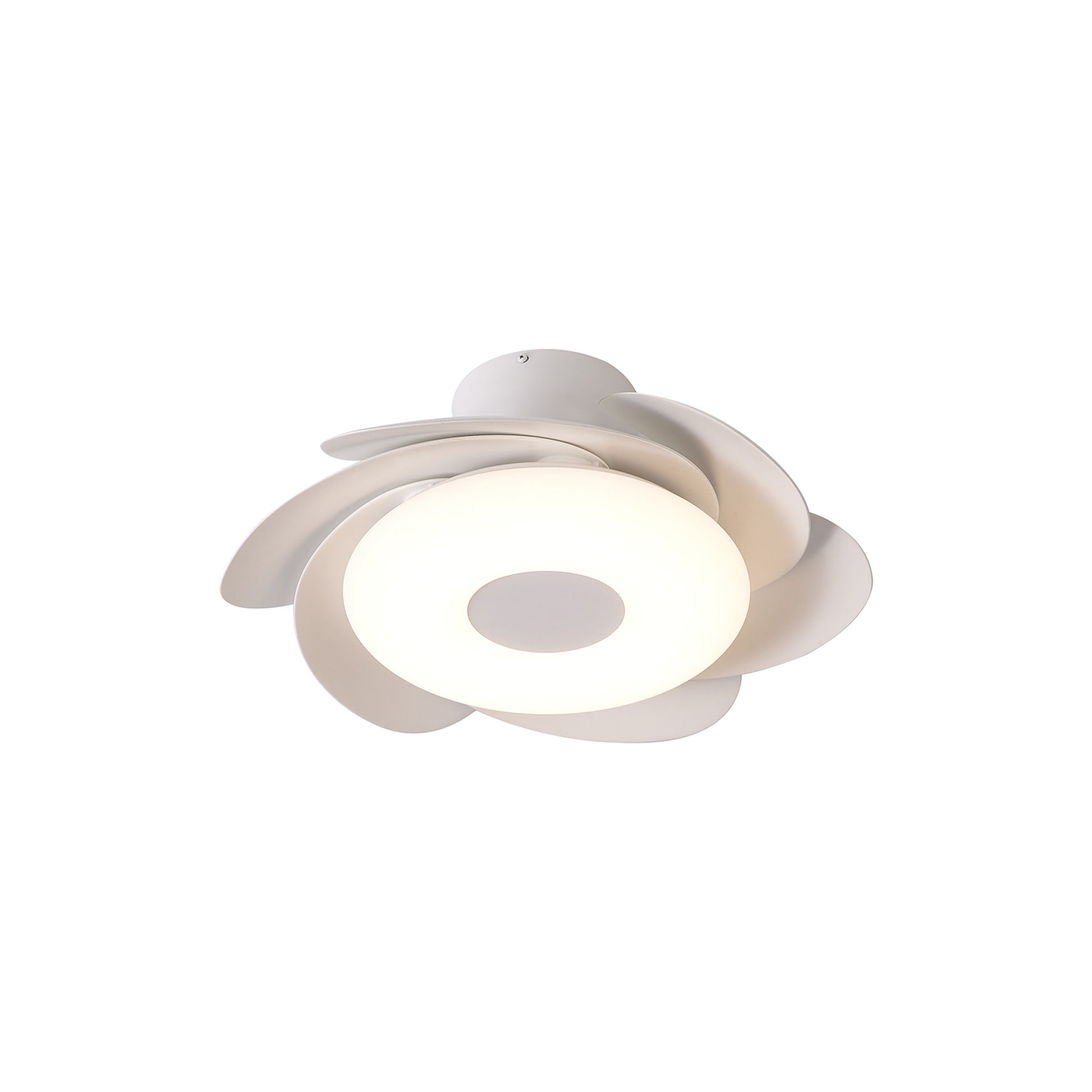 Introducing the *Flower White Ceiling Fan with Light* by Ceiling Fans UK, a modern dimmable 24W LED ceiling light featuring a unique flower petal design. This fixture emits a soft, warm glow from its circular center, surrounded by elegantly curved and overlapping petals for a sculptural look. In addition to being mounted flush to the ceiling, it includes a built-in 25W DC reversible fan and comes with remote control functionality.