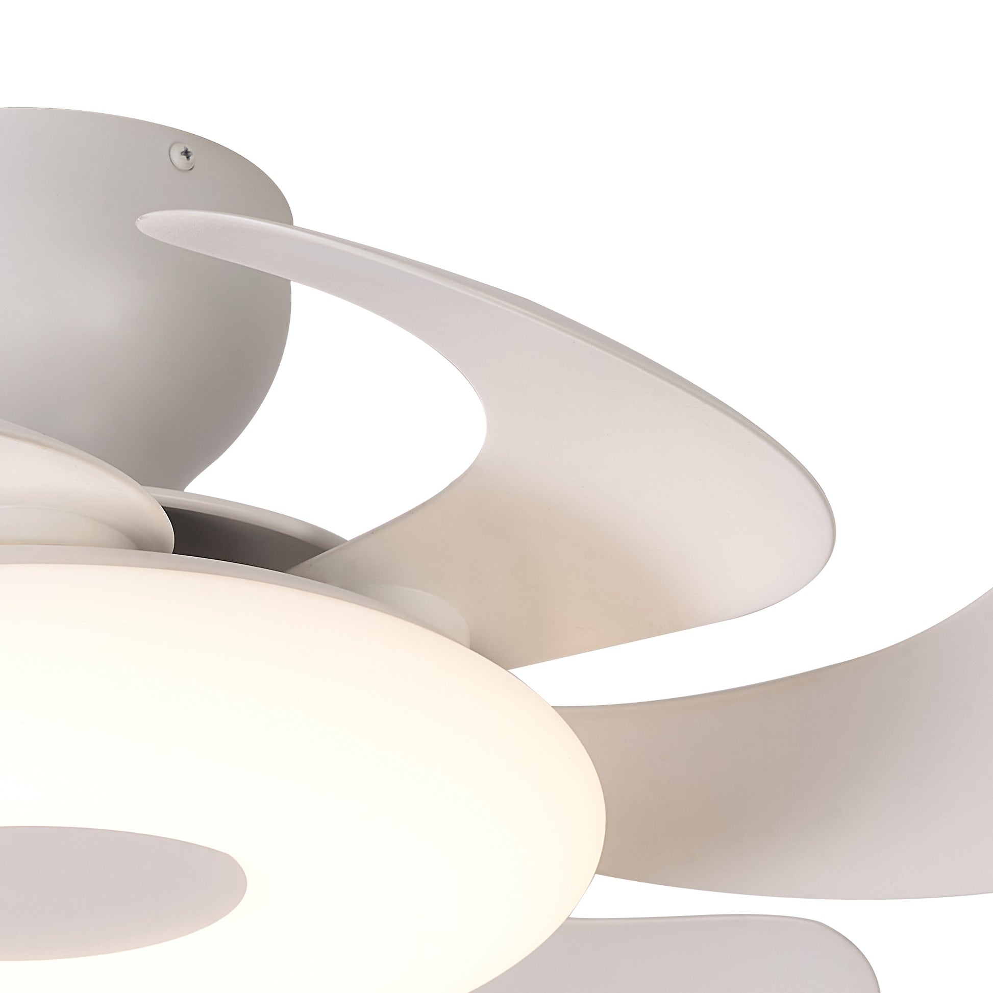 Close-up of the Ceiling Fans UK Flower White Ceiling Fan with Light 50cm. The dimmable 24W LED light is centered in a modern design that features curved, white blades. The sleek and contemporary arrangement of the fan's built-in 25W DC reversible motor showcases minimalistic, smooth lines against a pristine white background. Enhanced with remote control functionality for added convenience.