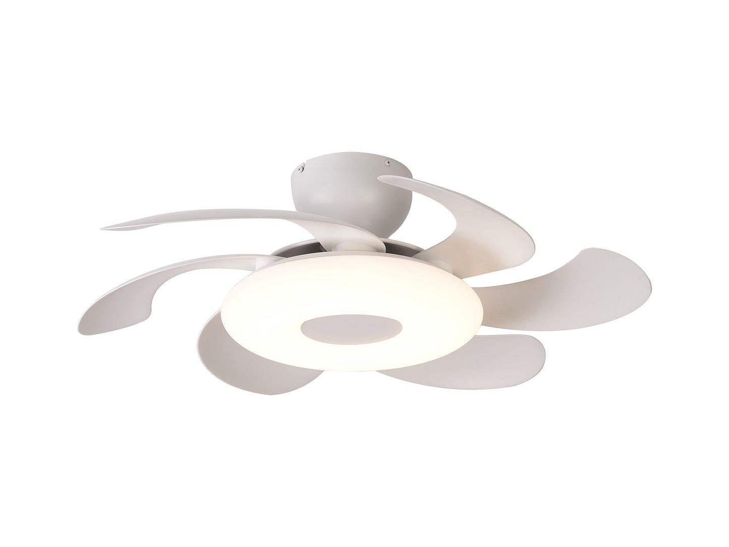 A modern white ceiling fan with a central, dimmable LED light is mounted on a white ceiling. The Flower White Ceiling Fan with Light by Ceiling Fans UK features six curved, petal-like blades and offers a sleek and contemporary look. This 50cm fan includes a 24W dimmable LED light, a built-in 25W DC reversible motor, and comes with remote control for easy operation.