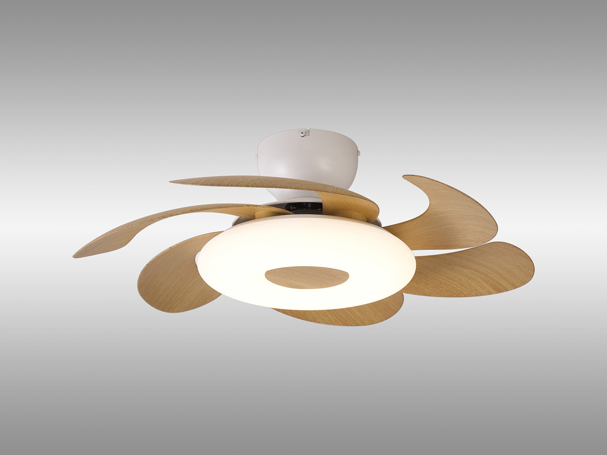 The Ceiling Fans UK Flower White/Wood Ceiling Fan with Light features a unique design with curved wooden blades and a central circular, dimmable 24W LED light fixture. The fan has a modern and elegant appearance, with the 50cm wooden blades beautifully arranged around the light. Additionally, it offers the convenience of remote control functionality and includes a built-in 25W DC reversible fan for enhanced versatility.