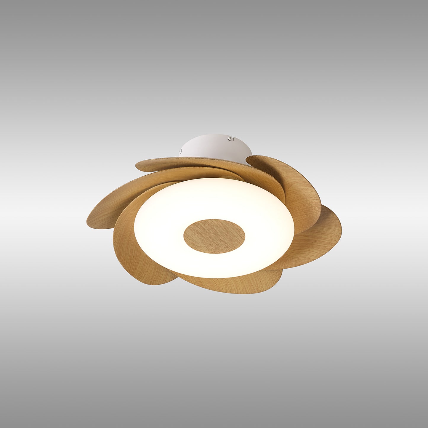 The Flower White/Wood Ceiling Fan with Light by Ceiling Fans UK is a modern ceiling fixture, featuring a flower-like design with layered wooden petals surrounding a circular, glowing white 50cm 24W dimmable LED at the center. The piece also includes a built-in 25W DC reversible fan and comes with remote control, all set against a neutral gray background.