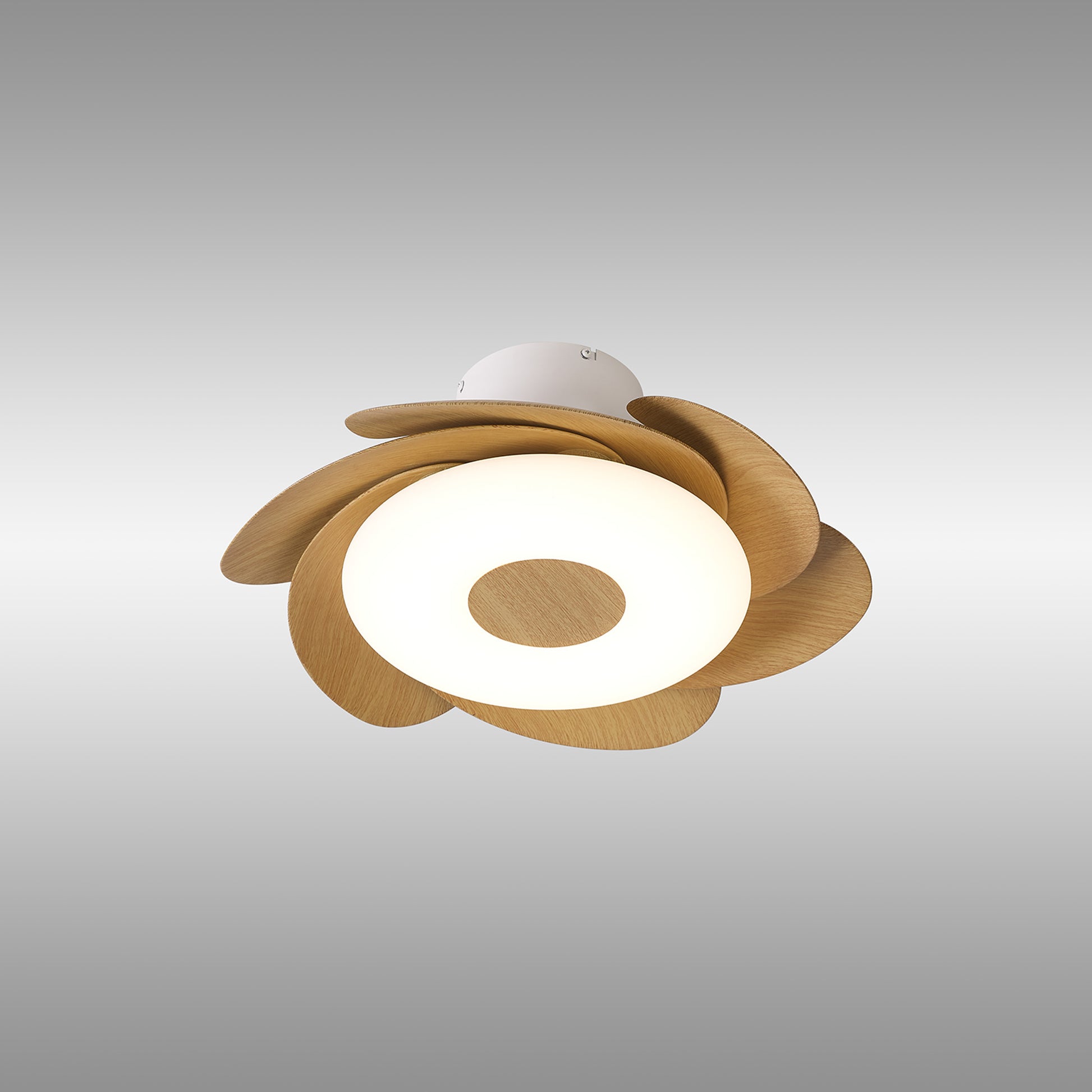 The Flower White/Wood Ceiling Fan with Light by Ceiling Fans UK is a modern ceiling fixture, featuring a flower-like design with layered wooden petals surrounding a circular, glowing white 50cm 24W dimmable LED at the center. The piece also includes a built-in 25W DC reversible fan and comes with remote control, all set against a neutral gray background.