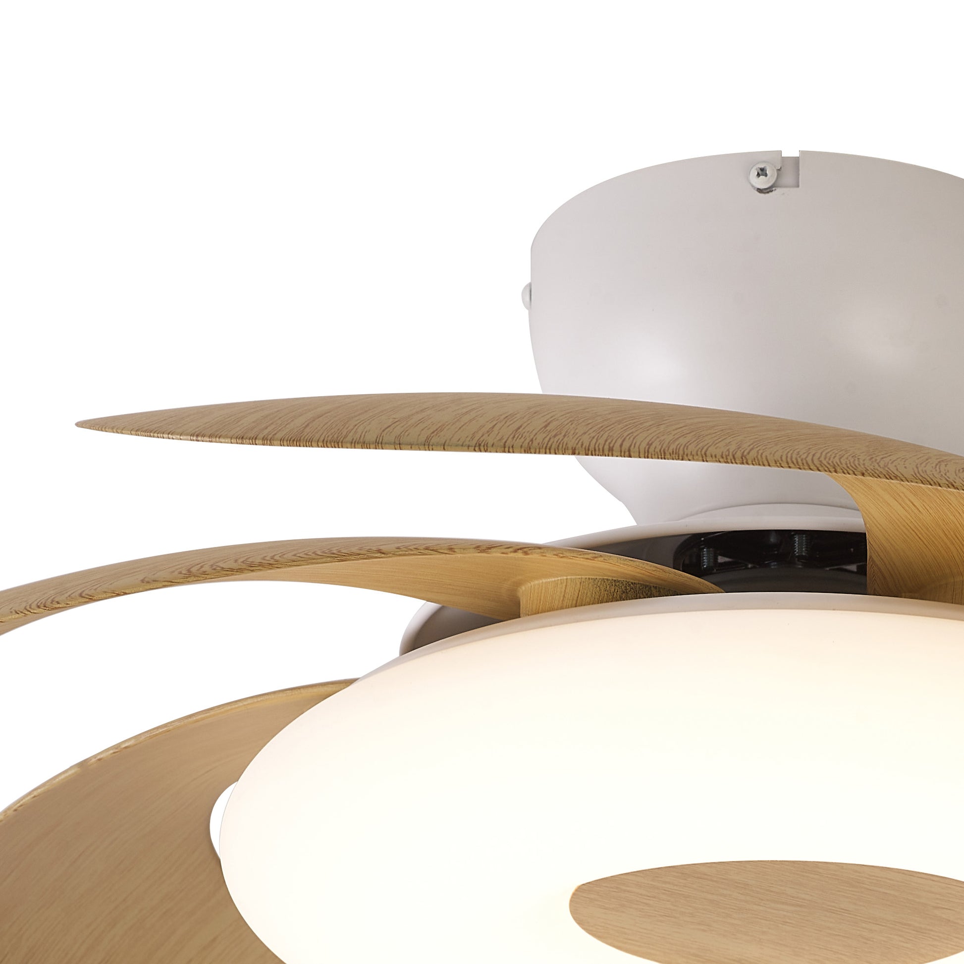 Close-up of the Flower White/Wood Ceiling Fan from Ceiling Fans UK, showcasing its uniquely curved wooden blades and sleek white housing. This 50cm ceiling fan with light features a built-in 24W dimmable LED fixture with a frosted dome cover and a reversible 25W DC fan, blending contemporary design with functionality controlled by a convenient remote control.