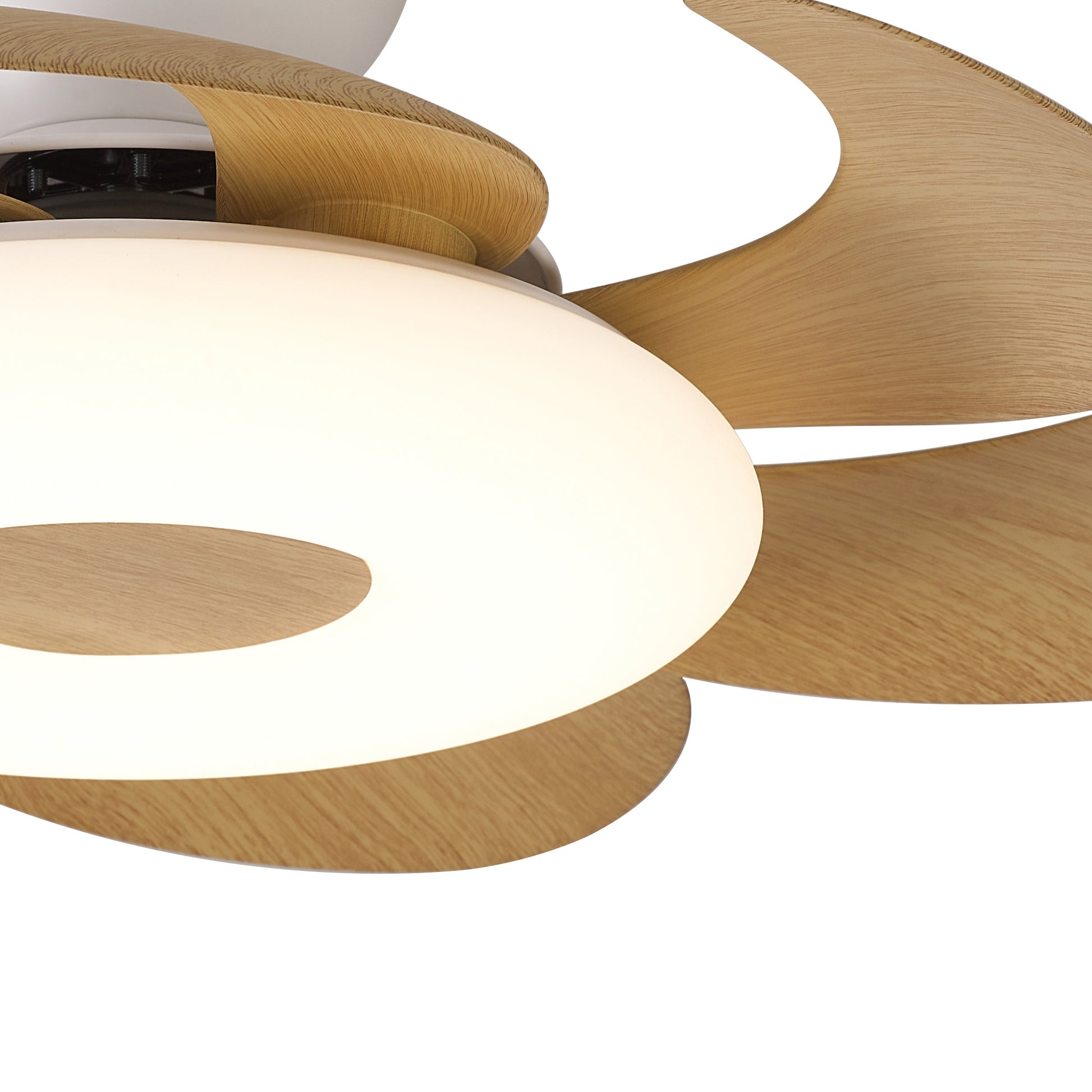 Close-up image of the Ceiling Fans UK Flower White/Wood Ceiling Fan with Light, featuring a modern design and integrated dimmable 24W LED light fixture. The sleek, circular fan has curved wooden blades that create a dynamic and artistic appearance. This 50cm ceiling fan includes a built-in 25W DC reversible motor and comes with a convenient remote control for easy operation.