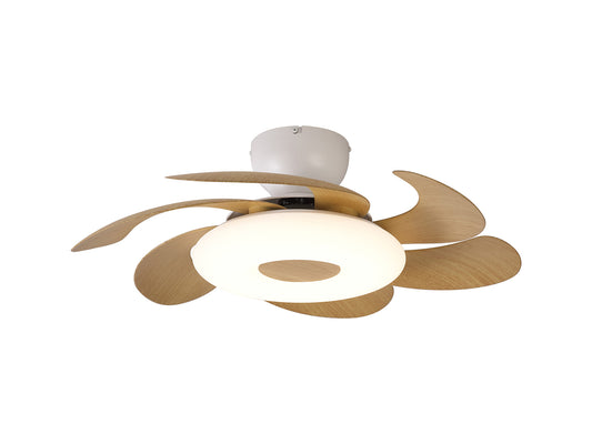 The Flower White/Wood Ceiling Fan with Light by Ceiling Fans UK features a modern design with curved wooden blades arranged in an elegant, flowing pattern. It has a central round, dimmable 24W LED light fixture that complements its smooth white finish and white mounting base. This 50cm ceiling fan includes a built-in 25W DC reversible fan and comes with a remote control for added convenience.