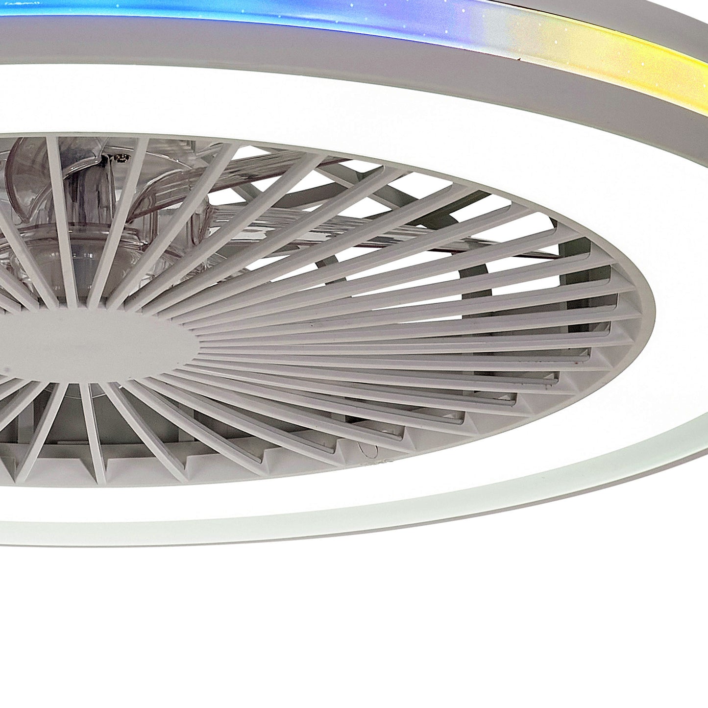 A close-up image of the Gamer Large White RGB/CCT Ceiling Fan with lights by Ceiling Fans UK. This 53cm fan features a circular design with radial blades and a dimmable 60W white/RGB LED light ring, smoothly transitioning from yellow to blue. The integrated 26W DC reversible fan provides ultimate comfort, easily adjustable using the included remote control. With a brightness of 4200lm, this fan effortlessly combines functionality and style.