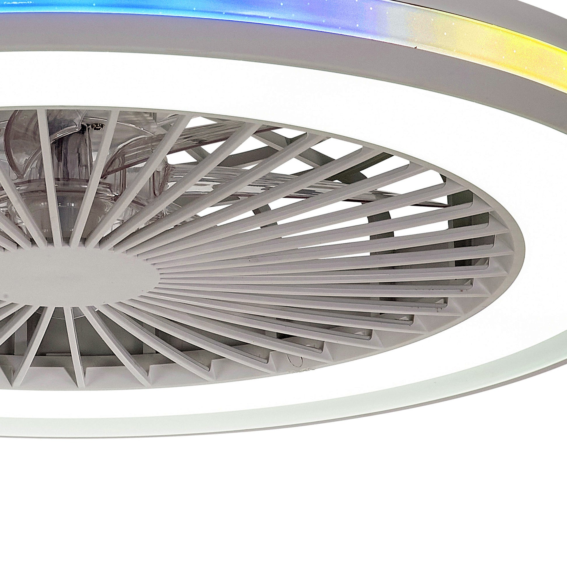 A close-up image of the Gamer Large White RGB/CCT Ceiling Fan with lights by Ceiling Fans UK. This 53cm fan features a circular design with radial blades and a dimmable 60W white/RGB LED light ring, smoothly transitioning from yellow to blue. The integrated 26W DC reversible fan provides ultimate comfort, easily adjustable using the included remote control. With a brightness of 4200lm, this fan effortlessly combines functionality and style.