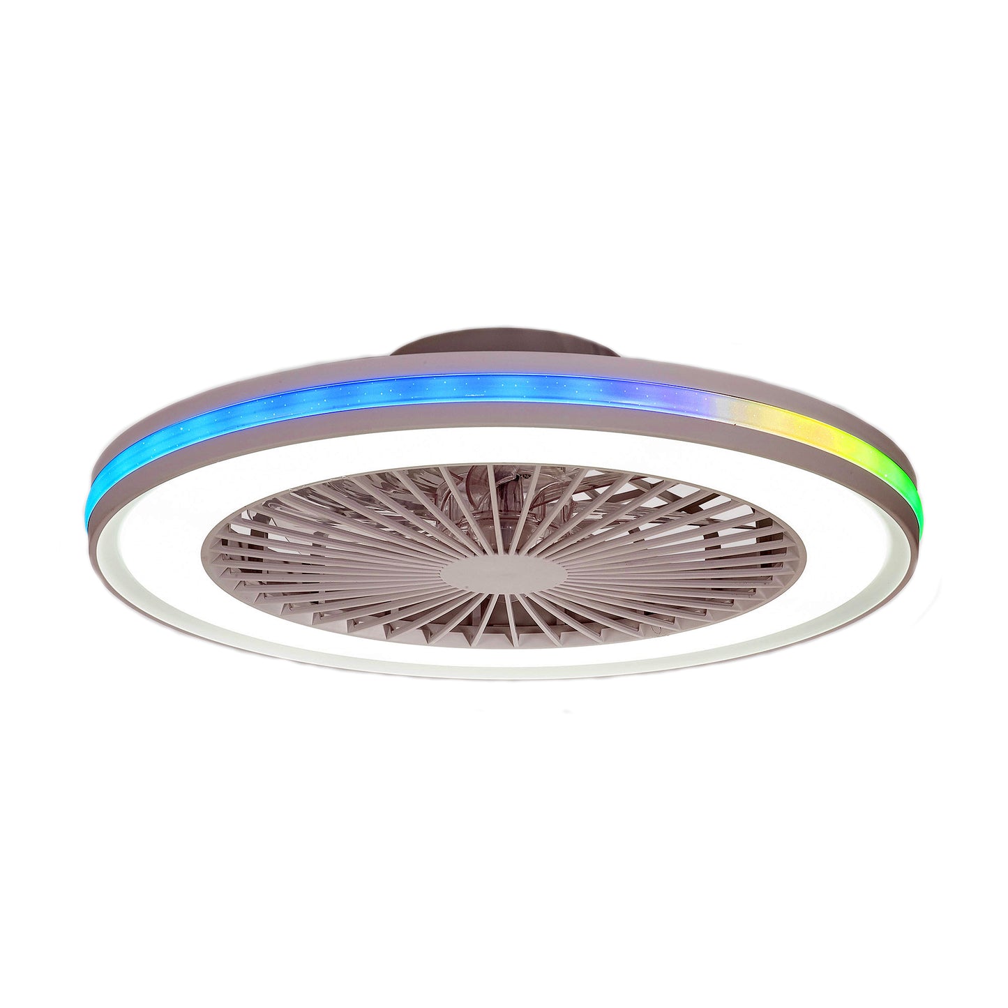 The Ceiling Fans UK Gamer Large White RGB/CCT Ceiling Fan with lights is displayed. This 53cm, 60W LED dimmable ceiling light features a wide outer ring of white light and an RGB segment in shades of blue and green. The built-in 26W DC reversible fan blades are enclosed within the center of the fixture, and it comes with a remote control for easy adjustments, providing up to 4200 lumens.