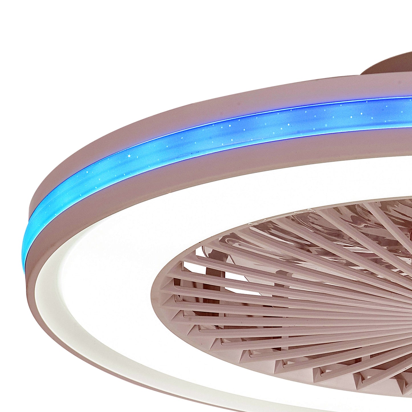 A close-up of Ceiling Fans UK's Gamer Large White RGB/CCT Ceiling Fan showcases its modern, sleek circular design. The fan features an illuminated blue LED stripe along its outer edge and white lighting within the ring. The decorative blades are enclosed in a grill-like structure at the center, enhanced by vibrant RGB LEDs. This 53cm fan includes a 60W LED light that is dimmable, a built-in 26W DC reversible fan, remote control functionality, and boasts an impressive brightness of 4200lm.