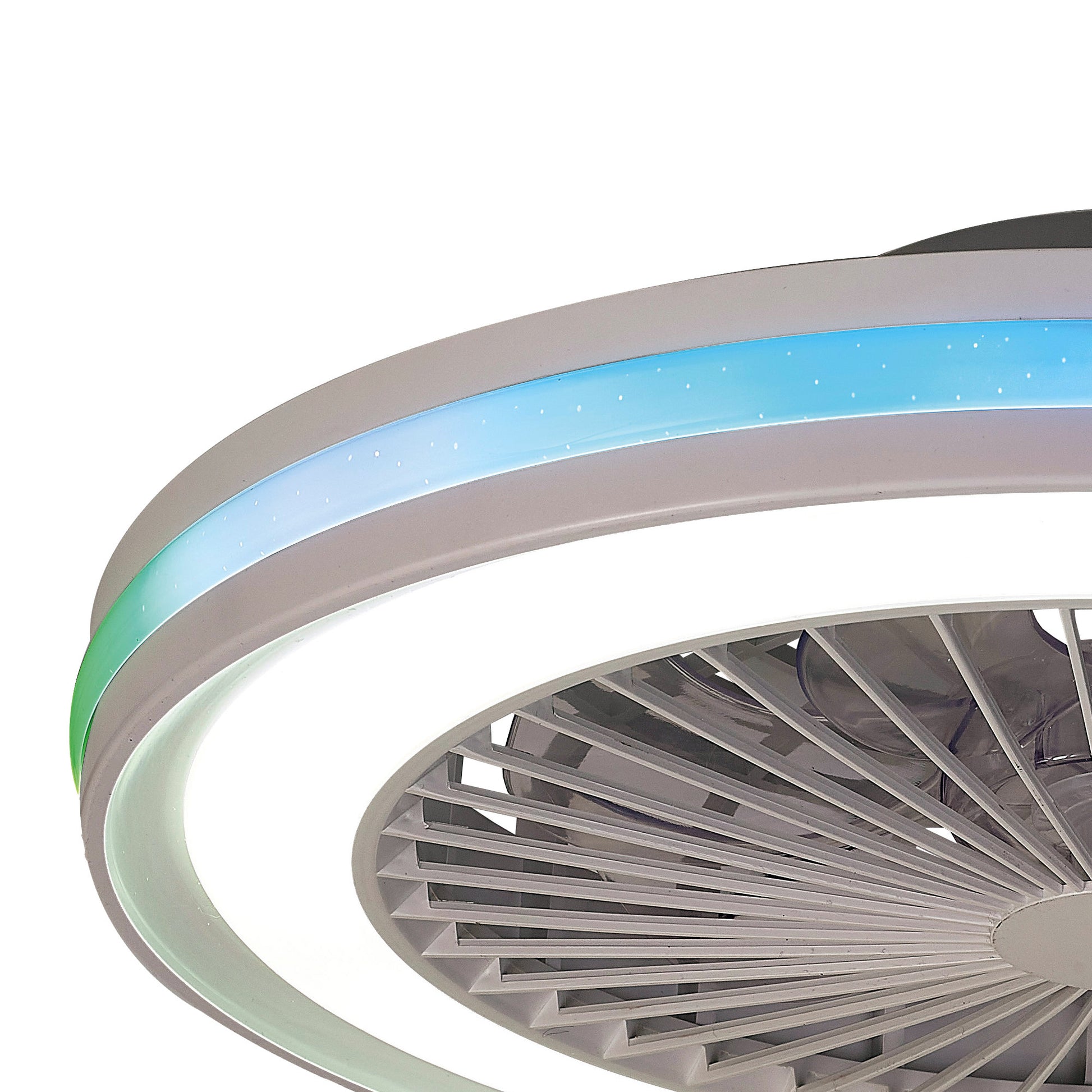 A close-up of the illuminated Ceiling Fans UK Gamer Small White Ceiling Fan with Light (47cm, 40W LED Dimmable) showcases its modern design. The fan blades are encased in a circular housing, featuring RGB LEDs that change colors, currently displaying various shades of blue and green.