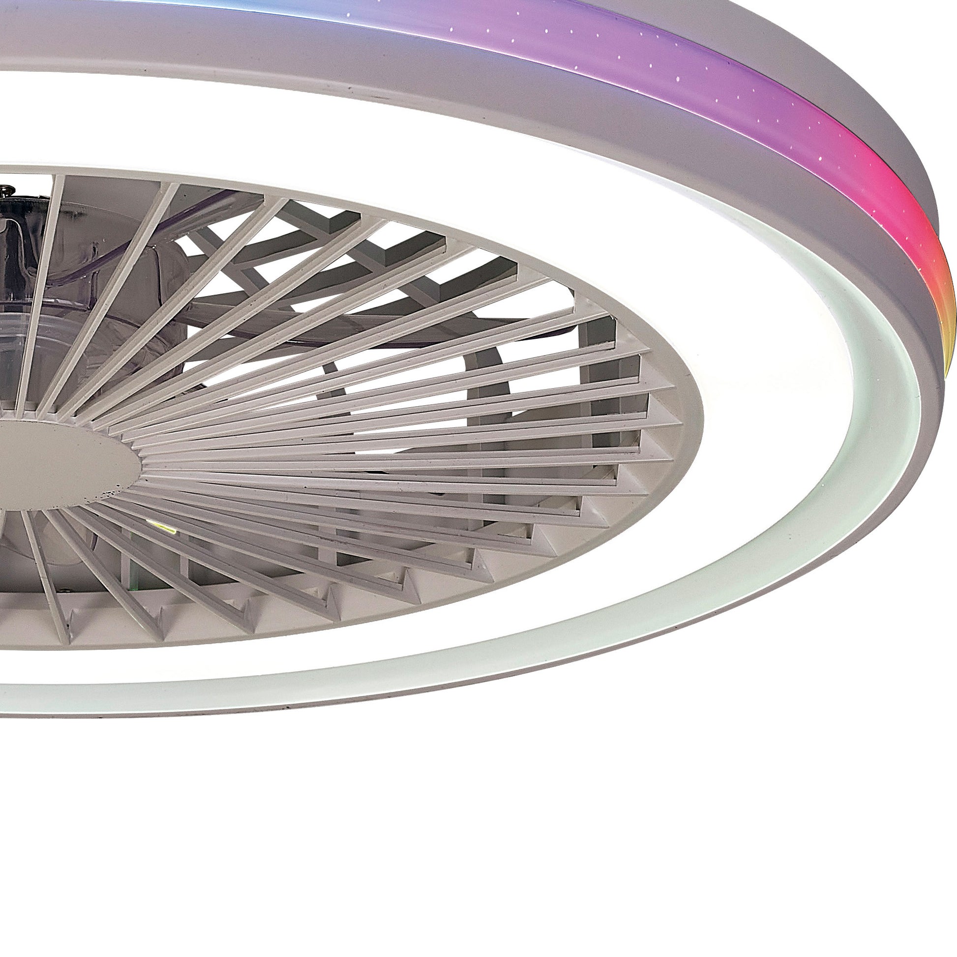 The Gamer Small White Ceiling Fan with Light by Ceiling Fans UK features a sleek, circular design with integrated dimmable 40W white and RGB LEDs. Its fan blades are encased within a circular frame, enhancing both functionality and aesthetic appeal. The built-in 20W DC reversible fan can be easily adjusted using the included remote control, creating an ambient glow around the fan.